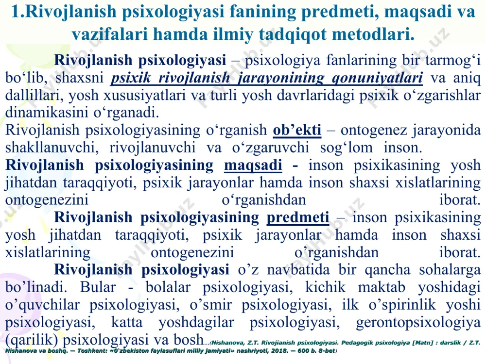 nligini o‘zaro taqqoslash) kabi fanlarda unumli foydalaniladi. ontogenez psixologiyasida эsa qiyoslash metodi turli yoshdagi odamlarning bilish jarayonlari, shaxs xususiyatlari, bilimlarni o‘zlashtirishi, aqliy qobiliyati, salohiyati, rivojlanish dinamikasi, jinslarning tafovutlari va o‘ziga xosligi kabilarni o‘rganishda qo‘llanadi. longityud metodi (lot. long - uzluksiz) - shu ob’ektni uzoq va tizimli o‘rganish. ob’ektni bunday uzoq muddatli kuzatish (odatda oldindan tayyorlangan dastur asosida) uning mavjudligi dinamikasini aniqlash va uning keyingi rivojlanishini taxmin qilish imkonini beradi. psixologiyada longityud yondashuv asosan bolalik davrida yosh dinamikasini o‘rganishda keng qo‘llaniladi. amalga oshirishning o‘ziga xos shakli "longityud bo‘limlar" usuli hisoblanadi. longityud bo‘limlar - bu shaxs haqida uning hayotini ma’lum bir davri uchun dahldor bo‘lgan ma’lumotlar to‘plamidir. bu davrlar oylar, yillar, hatto o‘n yilliklarda o‘lchanishi mumkin. kompleks metod. hozirgi davrda fan va texnika taraqqiyoti psixologik tekshirishlarning ilmiyligini yanada oshirish uchun (sub’ektiv omillarning ta’sirini kamaytirish maqsadida) yaxlit dastur asosida boshqa fanlar (tibbiyot, fizika, fiziologiya, biologiya, sotsiologiya, kibernetika, statistika, falsafa, mantiq va hokazolar) bilan …