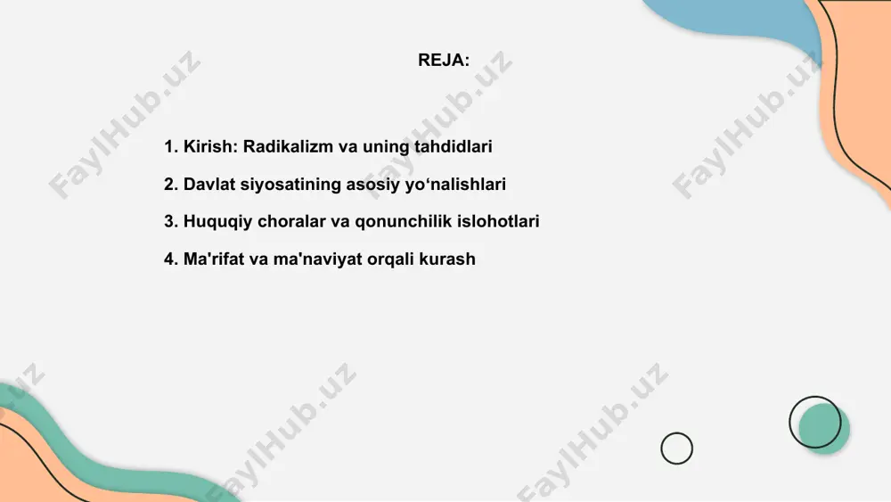 hishda ma’naviy-ma’rifiy yondashuvni asosiy yoʻnalish sifatida tanlagan bo‘lib, bu juda muhim hisoblanadi. jamiyatda sogʻlom tafakkurni shakllantirish, yoshlarni bilimli va ongli tarzda tarbiyalash radikallikka qarshi eng kuchli vosita sifatida ishlatiladi. ma’naviy qadriyatlar, milliy an’analar va diniy bagʻrikenglik orqali zararli oqimlarga qarshi kurashishning samarali yoʻllari ishlab chiqilmoqda hamda targ‘ib qilinmoqda. diniy sohadagi islohotlar va monitoring oʻzbekiston davlat siyosatida radikal oqimlarga qarshi kurash muhim vazifaga aylandi. bu borada diniy sohada islohotlar kuchaytirilib, monitoring tizimi yoʻlga qoʻyildi. diniy taʼlimotlar asosida tinchlik va bagʻrikenglikni targʻib qilish muhimdir. shu maqsadda diniy tashkilotlar nazorat ostida faoliyat yuritmoqda hamda yangilanmoqda. insonga eʼtibor va maʼnaviyatni yuksaltirish orqali radikal gʻoyalarga qarshi immunitet hosil qilinmoqda. bu jarayonda hukumat va jamiyat birgalikda ishlamoqda. 01 03 02 yoshlar bilan ishlash strategiyalari oʻzbekiston radikal oqimlarga qarshi kurashda yoshlar bilan faol ishlashni ustuvor vazifa qilgan. bu strategiyalar yoshlar ongini mustahkamlashga qaratilgan. yoshlar orasida diniy savodsizlikni bartaraf etish maqsadida, ma'rifiy loyihalar, seminarlar va treninglar tashkil etib, …