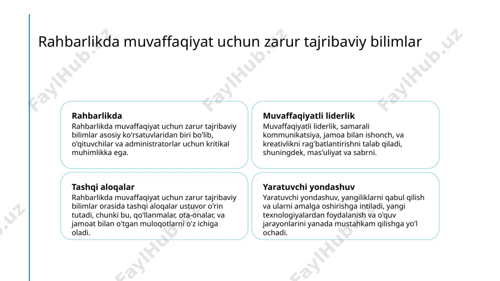 qituvchilar rahbarlikda muhimdir, ular liderlikni o'rganish va amaliyotda qo'llashadi. 2 rahbarlikda strategik ko'nikmalar strategik ko'nikmalar - o'qituvchilarga o'zlarini rivojlantirish uchun kerakli yo'nalishlarni belgilashda yordam beradi. 3 shaxsiy rivojlanishning ahamiyati shaxsiy rivojlanish - o'qituvchilarning o'zlarini rivojlantirishda asosiy qo'llanma, bu ularning keng tarqalgan rivojlanishini ta'minlaydi. e'tiboringiz uchun rahmat! image1.jpg image2.jpg image3.jpg image4.jpg image5.jpg /docprops/thumbnail.jpeg
