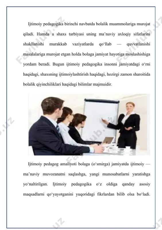 ing shaxs sifatidagi individual xususiyatlari, uning kasbiy malakasi darajasidir. nazorat va o'z-o'zini nazorat qilish usullari - samaradorlik haqida ma'lumot olish usullari tarbiyaviy ta'sirlar. bularga quyidagilar kiradi: ped. kuzatish, suhbat, ped. konsultatsiyalar, so'rovlar, o'quvchilar faoliyati natijalarini tahlil qilish, nazorat vaziyatlarni yaratish, psixodiagnostika, treninglar. faoliyatni tashkil etish usullari va xulq-atvor tajribasi - bolalar tajribasida xatti-harakatlar va axloqiy motivatsiyaning ijobiy usullari va shakllarini aniqlash, birlashtirish va shakllantirish usullari. ular topshiriqlar, mashqlar, tarbiyaviy vaziyatni yaratish, ktd (jamoa ijodiy ish) orqali amalga oshiriladi. o'z-o'zini tarbiyalash usullari - jamiyat talablariga va shaxsiy rivojlanish rejasiga muvofiq shaxsning ongli ravishda o'zgarishiga qaratilgan usullar. ushbu usullar guruhiga quyidagilar kiradi: o'z-o'zini kuzatish, o'z-o'zini tahlil qilish, o'z-o'zini tartibga solish, o'z-o'zidan hisobot berish, o'zini o'zi ma'qullash (rag'batlantirish), o'zini o'zi qoralash (jazolash). pedagog o`quvchini o`z harakatini tashqi baholash orqali, so`ngra shakllangan o`z-o`zini hurmat qilish va unga rioya qilish zarurati orqali, so`ngra o`z-o`zini tarbiyalash va takomillashtirish faoliyati orqali amalga oshirish orqali o`z-o`zini tarbiyalashga olib …