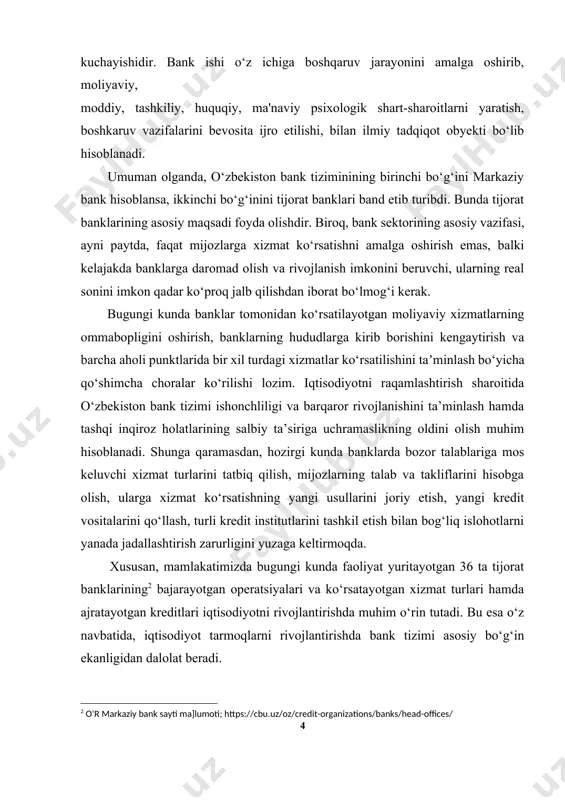 kredit tiziminin boshqarib turuvchi barcha banklar faoliyatini nazorat qilib turuvchi kredit instituti sifatida namoyon bo‘ladi. jahon amaliyotida markaziy banklar vujudga kelishining ikki asosiy yuli mavjud. birinchi yo‘l-bu uzoq davr davomida tijorat banklarining rivojlanishi natijasida, ularni milliylashtirish yo‘li bilan markaziy banklarning tashkil qilinishi. bunga misol qilib, angliya bankini 1844 yil, fransiya bankini 1848 yil, ispaniya banki 1874 yil, germaniya reyxsbanki-1875 yil, italiyada 1893 yil, ispaniyada 1874 yilda mavjud banklarning emission markaz sifatida faoliyat ko‘rsatishga moslashganligini keltirish mumkin. ikkinchi yul-tashkil qilingandayoq markaziy bank-emisson markaz sifatida qabul qilingan banklar. bunday banklarga aqsh ning federal banklari, 1913 yillarda ko‘pgina lotin amerikasi mamlakatlarida tashkil qilingan banklar, avstriya banki va boshqalarni misol keltirish mumkin. aqshda markaziy bank funksiyasini 12 federal rezerv bankdan iborat federal rezerv tizimi bajaradi. federal rezerv banklar aksioner banklar bo‘lib, bu banklarning akuionerlari sifatida milliy tijorat banklari faoliyat ko‘rsatadi. tijorat banklar aksioner sifatida dividend olishadi. dividend miqdori 6 foizdan oshmasligi kerak. markaziy banklar …