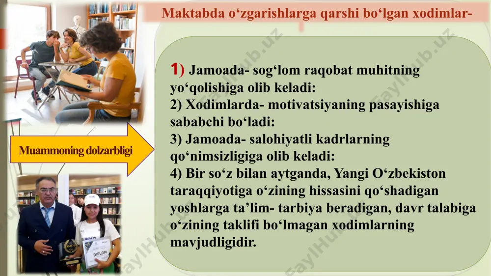 akka tartibda yoki metodik guruh bilan hamkorlikda shug‘ullanish. xodimlarning imkoniyatlaridan kelib chiqib, aniq vazifalar berish va bajarish muddatini belgilash. (mac gregorning x-y nazariyasi) xodimlarning har bir kichik yutuqlarini ham rag‘batlantirish. mavzu yuzasidan xorijiy davlatlar tajribalari hindistonda direktor o‘qituvchini qo‘l ostidagi xodim sifatida emas balki shahs sifatida qaraydi. maktabda ma’muriyat bilan ota- onalar qo‘mitasi faol hamkorlikda ish olib borishadi. 7 ta alohida menejment institutlari mavjud. birlashgan arab amirliklarida xususiy maktablar ko‘paygan va ularning aksariyati xalqaro o‘quv dasturlariga amal qiladi. o‘zgarishlarga qarshi bo‘lganlik sabablari: an’anaviy madaniyat va yangi tizimlarga nisbatan konservativlik. xodimlarning o‘zgarishlardan qo‘rqishi va o‘z pozitsiyalarini yo‘qotish xavfi birinchi o‘runda turadi. aqshda- o‘qituvchining jismoniy va kasbiy salohiyati bilan birga ruhiy salomatlik darajasiga alohida e’tibor qaratiladi. o‘qituvchilardan o‘quv yili davomida psixologik testlar olinib, natijalariga asosan psixologik amaliyot yoki kasbiy malaka oshirish kurslariga yo‘naltirib boriladi. 9 qiyosiy tahlil etilganligi: t/r amalda (o‘zbekistonda) amalda (xorijda) takliflar 1 ta’lim tizimi davlat tomonidan boshqariladi va qattiq …