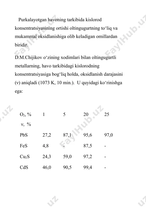 ni yoki oltin​gugurtli birik​malarni eritish uchun tashqaridan qo‘shimcha issiqlik manbai berish shart emas. shuning uchun ham ushbu jarayon yoqil​g‘i sarf qilmaydigan avtogen jara​yon deb ataladi. kislorodli-mash’alli eritish pechidagi jarayonda, asosan, yallig‘ qayta​ruvchi pechdagi yoki konvertorlash jarayonidagi ko‘pgina kimyo​viy reaksiyalar boradi. shuning uchun ularning ba’zi birlarini ko‘rib o‘tamiz: 6fes2+14o2 → fes+2feo+fe3o4+11so2 (3.28) 2cufes2 → cu2s+2fes+0,5s2 (3.29) cu2s+1,5o2 →cu2o+so2 (3.30) 3fes+5o2 → fe3o4+3so2 (3.31) demak, pechda alanga ichidagi mash’alli muhitda faqat birik​malar oksidlanishi, ashyolarning erishi va qisman toshqolning hosil bo‘li​shi ro‘y beradi. 3.4-rasmda kem pechining qirqimi ko‘rsatilgan. jarayon pech van​na​sida mash’aldan mayda zarralar va erigan moddalarning tomchila​nishi hamda van​na​da kimyoviy birikmalarning zichligiga qarab toshqol va shteyn hosil bo‘lishi bilan tugaydi. 3.4-rasm. kislorodli-mash’alli eritish pechi (kmep). faqat texnologik kislorodning ishlatilishi oqova gaz tarkibi​ning 80% gacha ortib borishiga olib keladi. shuning uchun ham barcha oqo​va texnologik gazlar sovutilib, elektr suzgichlarda changdan tozalanib, sulfat kislotasi olish sexiga jo‘natiladi. kislorodli-mash’alli eri​tish pechi alohida eritish dastgohi sifatida …