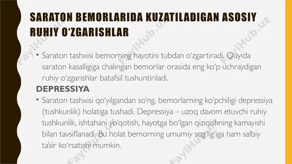 mor hayotida jiddiy burilish yasaydi. bu holat faqatgina depressiya va xavotirni emas, balki g‘azab va agressiyani ham keltirib chiqarishi mumkin. ushbu hissiyotlar turli omillarga bog‘liq bo‘lib, ularni chuqur tushunish bemorga va uning atrofidagilarga mos yondashuv topishga yordam beradi. saraton bemorlarida g‘azab va agressiyaning asosiy sabablari adolatsizlik hissi – bemor “nega aynan men?” degan savol bilan o‘z hayotini tahlil qiladi va bu unga ichki norozilik olib keladi. hayot tarzining o‘zgarishi – doimiy tibbiy muolajalar, cheklangan harakat va turmush tarzidagi o‘zgarishlar insonda qabul qilish qiyin bo‘lgan holatni yuzaga keltiradi. og‘riq va noqulaylik – doimiy og‘riq, charchoq va dorilarning nojo‘ya ta’sirlari bemorning sabrini tugatib, agressiyani oshirishi mumkin. ijimoiy munosabatlarning o‘zgarishi – bemor atrofidagi insonlarning unga nisbatan munosabati o‘zgarishi mumkin. ba’zilar uni rahm-shafqat bilan qaraydi, boshqalar esa masofani saqlashga harakat qiladi. bu esa g‘azabni kuchaytirishi mumkin. kelajakdagi noma’lumlik – saraton tashxisi qo‘yilgan bemor ko‘p hollarda o‘zining kelajagi haqida aniq tasavvurga ega emas. noma’lumlik hissi …