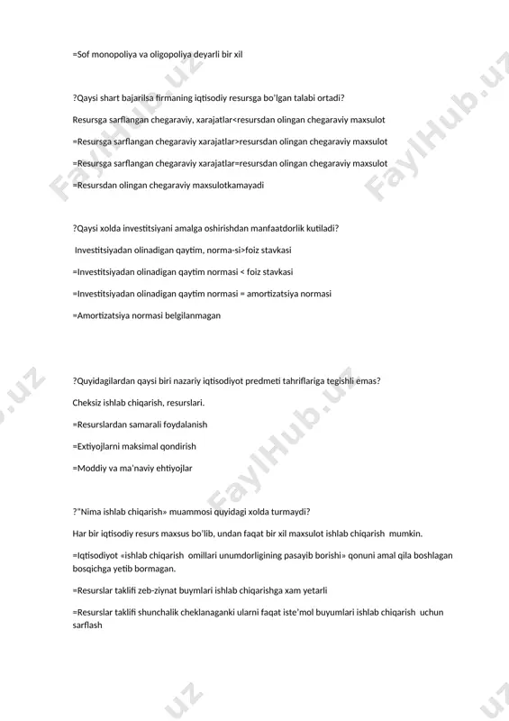 maxsulot =resursdan olingan chegaraviy maxsulotkamayadi ?qaysi xolda investitsiyani amalga oshirishdan manfaatdorlik kutiladi? investitsiyadan olinadigan qaytim, norma-si>foiz stavkasi =investitsiyadan olinadigan qaytim normasi < foiz stavkasi =investitsiyadan olinadigan qaytim normasi = amortizatsiya normasi =amortizatsiya normasi belgilanmagan ?quyidagilardan qaysi biri nazariy iqtisodiyot predmeti tahriflariga tegishli emas? cheksiz ishlab chiqarish, resurslari. =resurslardan samarali foydalanish =extiyojlarni maksimal qondirish =moddiy va ma’naviy ehtiyojlar ?“nima ishlab chiqarish» muammosi quyidagi xolda turmaydi? har bir iqtisodiy resurs maxsus bo’lib, undan faqat bir xil maxsulot ishlab chiqarish mumkin. =iqtisodiyot «ishlab chiqarish omillari unumdorligining pasayib borishi» qonuni amal qila boshlagan bosqichga yetib bormagan. =resurslar taklifi zeb-ziynat buymlari ishlab chiqarishga xam yetarli =resurslar taklifi shunchalik cheklanaganki ularni faqat iste’mol buyumlari ishlab chiqarish uchun sarflash ?quyidagi xolatlarning qaysi biri bozor iqtisodiyotiga xos emas? markazlashtirilgan rejalashtirish =raqobat =xususiy mulkchilik =tadbirkorlik tanlovining erkinligi ?talabning baho bo’yicha elastikligi quyidagi xolda yuqori bo’ladi: birlamchi ehtiyoj tovarlariga =iste’molchi tovarni eng yuqori naflilik bilan ishlatsa =ishlab chiqarishning muqobil xarajatlari …