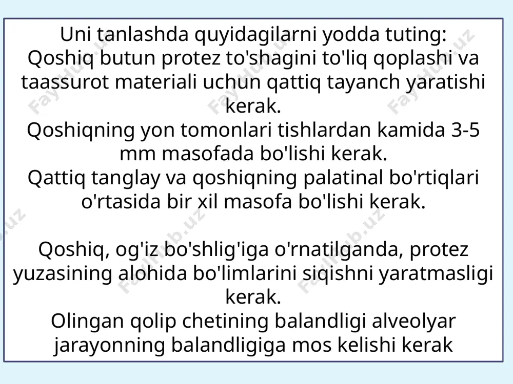 chi tishlar va kasallangan periodontit joylarida qo'llanilmaydi. ikki fazali texnikaning afzalligi subgingival (subgingival) hududlarning aniq qolipini olishdir. двухэтапный — двухфазный оттиск 1 фаза базисный слой вязкопластичная масса превращает в индивидуальную ложку 2 фаза корригирующая масса масса низкой вязкости уточняющий слой 1-ый этап 2-ой этап «изолирующая» методика оттиск с помощью пленки 1 2 3 polietilen plyonka tuzatuvchi massa oqimi uchun sezilarli bo'sh joy qoldiradi va og'iz bo'shlig'iga qolipning qayta kiritilishiga to'sqinlik qiladigan pastki kesmalarning shakllanishiga yo'l qo'ymaydi. an'anaviy texnika bilan taqqoslaganda, bu holda tuzatuvchi massa kerakli joylarga bosimsiz qo'llaniladi, bu esa qolipning aniqligini oshiradi. bunga qo'shimcha ravishda, ushbu uslub sizga materialning qatlamlari o'rtasida kuchli aloqaga erishishga imkon beradi, chunki ularning polimerizatsiyasi bir vaqtning o'zida sodir bo'ladi. 4 5 6 termoplastik qolip materiallari termoplastik (qaytariladigan) materiallar, ular joylashtirilgan muhit haroratiga qarab, ularning mustahkamligini ko'p marta o'zgartirishga moyildirlar. отрыв оттиска от ложки hechqachon kasal bo’lmang zilola image2.png image3.png image4.png image5.png image6.gif image7.png image8.png …