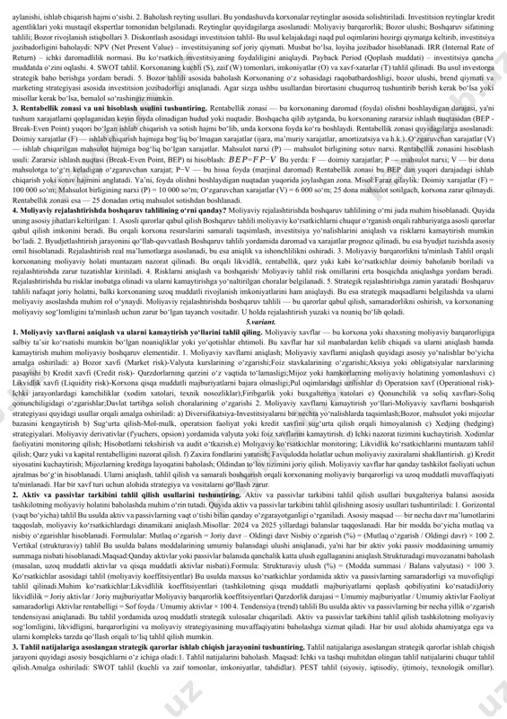 orxonaning to‘lovga qobiliyati, moliyaviy barqarorligi, foydaliligi, aktivlardan foydalanish samaradorligi va boshqa jihatlar tahlil qilinadi. tahlil natijasida korxonaning hozirgi va kelgusi moliyaviy holati to‘g‘risida xulosa chiqariladi. moliyaviy koeffitsiyentlar turlari moliyaviy koeffitsiyentlar besh asosiy guruhga bo‘linadi: 1) likvidlik ko‘rsatkichlari – bu ko‘rsatkichlar korxonaning qisqa muddatli qarzlarini o‘z vaqtida to‘lash qobiliyatini baholaydi. ular yordamida korxonaning naqd pulga tez aylantiriladigan aktivlari bilan joriy majburiyatlari o‘rtasidagi bog‘liqlik aniqlanadi. asosiy ko‘rsatkichlari quyidagilar: joriy likvidlik, tezkor likvidlik va mutlaq likvidlik koeffitsiyentlari. 2) moliyaviy barqarorlik yoki to‘lovga qobiliyatlilik ko‘rsatkichlari – bu guruhdagi ko‘rsatkichlar korxonaning uzoq muddatli moliyaviy mustahkamligini baholaydi. ular korxonaning o‘z mablag‘lari, majburiyatlari va umumiy aktivlari o‘rtasidagi nisbatga asoslanadi. eng ko‘p ishlatiladigan ko‘rsatkichlar: moliyaviy mustaqillik koeffitsiyenti, qarz koeffitsiyenti, va uzoq muddatli moliyalashtirish manbalari koeffitsiyenti. 3) foydalilik (rentabellik) ko‘rsatkichlari – bu ko‘rsatkichlar korxonaning daromad olish samaradorligini baholaydi. ya’ni, korxona qancha foyda olayotgani va bu foyda qaysi resurslar hisobiga hosil bo‘layotgani aniqlanadi. ular tarkibiga aktivlar rentabelligi, o‘z kapital rentabelligi …