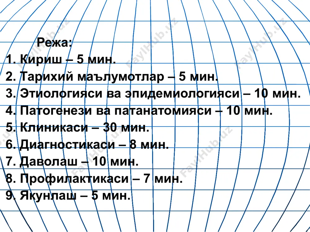 ўткир бошланади. соғайиш билан тугайди. ўлим холатлари кузатилмайди. i. касаллик манбаи: одам ва касал хайвонлар, ташувчилар. стафилакоккли оти-да – йирингли яралар, панариция, пиодермиялар. ii. юқиш йўли – алиментар. iii. мавсумийлик – йил бўйи, кўп холларда ёз. iv. иммунитет – турғун эмас. v. мойиллик – хамма ёшда жуда юқори. бактериялар чақирадиган овқатдан захарланишининг асосий хусусиятлари касал одамдан соғлом одамга юқмайди. касаллик организмга кўп миқдорда овқат билан микроб тушганда ривожланади. сапрофитик қузғатувчиларнинг патоген штаммлари касаллик чақиради. овқат махсулотларининг органолептик хусусиятилари ўзгармайди. овқат токсикоинфекцияларини клиник – патогнетик хусусиятлари. диспептик синдром – экзотоксинни ошқозон ва ингичка ичакка махаллий таъсири, кунгил айниш, қусиш, эпигастрал сохада оғриқ, иштахани пасайиши. умумий токсик синдромлар – экзотоксинни қонда юқори ва организмга умум токсик таъсири. дегидратация ва деминирализация синдроми – кўп миқдорда сув ва электролитларнинг йўқотилиши, қусиш ва ич кетиши натижасида. овқат токсикоинфекцияларининг диагностик алгоритми касалликнинг тўсатдан бошланиши кўнгил айниш эпигастрал сохада оғриқ, қусиш умумий интоксикация симптомлари касаллик бошланиши овқат …