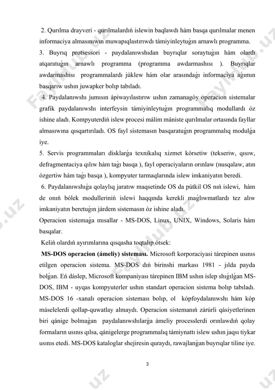 jlanǵan buyrıqlar tiline iye. ms-dos ámeliy processler, fayllar hám sırtqı qurılmalar menen nátiyjeli isley aladı. linux operacion (ámeliy) sisteması. unix operacion sisteması tiykarında islengen, tarmaq operacion sisteması. linux eń dáslep 1991-jılı linius torvalds tárepinen shıǵarılǵan. linuxtiń zárúrli qásiyetlerinen biri - ol biypul programmalıq támiynat fondı sheńberinde, gnu licenziyasına kóre biypul tarqatıladı. tiykarınan, internette hám intratarmaqlarda serverler jaratıw ushın qollanıladı. unix operacion (ámeliy) sisteması. bell laboratory tárepinen jaratılǵan tarmaq operacion sisteması. eń dáslep unix operacion sisteması bell laboratory tárepinen 1969- jılı usınıs etilgen, ázelden tarmaqlarda isletiw ushın mólsherlengen edi. házirgi kúnde unix, si tilinde jazılǵan kóp paydalanıwshılı hám kóp máseleli operacion sistema. sistemanıń bas strukturalıq bólegi bolıp mikroo'zak esaplanadı. onıń ishine tarmaqlararalıq uzatıwdı basqarıw bayanlamasın orınlawshı modul jaylastırılǵan. unix operacion sisteması bir qansha unamlı qásiyetlerge iye, olardan birinshi náwbette tómendegilerdi kórsetiw zárúr : - ámeliy programmalardı bir túrdegi kompyuterden basqa túrdegisine kóshirip ótkera alıw ; - bir waqtıniń ózinde hár túrli …