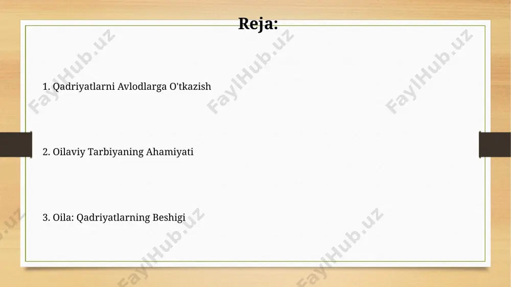 abatlarni mustahkamlaydi. mas'uliyat va vazifalar ota-onalarning 70% dan ortiq qismi farzandlarining ta’lim-tarbiyasi, kelajagi va jamiyatdagi o‘rnini shakllantirishda oila muhitining ahamiyatini ta’kidlaydilar, bu esa mas’uliyatning og‘irligini ko‘rsatadi. oilada 3 ta asosiy mas’uliyat – farzandlarning tarbiyasi, oila a’zolarining bir-biriga nisbatan hurmatini ta’minlash va oilaviy byudjetni 50/50 tamoyili asosida boshqarish kabi vazifalar mavjud. kelajak avlodlar ushbu jamg‘arma tomonidan o‘tkazilgan tadqiqotlar shuni ko‘rsatdiki, 70% dan ortiq oilalarda bolalarga axloqiy tarbiya berishda milliy qadriyatlarga asoslangan ta’lim usullari qo‘llanilmoqda. “kelajak avlodlar”ning faoliyati doirasida 5000 dan ziyod yosh oilaga psixologik va huquqiy maslahatlar berilib, ularning ijtimoiy moslashuviga yordam beruvchi seminar-treninglar o‘tkazildi. adolat va insoniyat adolat va insonparvarlik tamoyillarini o'rgatishda ertaklar va hikoyalar muhim rol o'ynaydi, chunki ular murakkab tushunchalarni sodda va tushunarli tarzda yetkazish imkonini beradi, bu orqali 50% dan ortiq bolalar bu fazilatlarni o'zlashtiradi. oilada insonparvarlik va adolat tuyg'ulari 3 yoshdan 7 yoshgacha bo'lgan davrda shakllana boshlaydi, bu davrda bolalar ota-onalarining xatti-harakatlarini kuzatib, ularni o'zlashtiradilar. mehnatsevarlik …