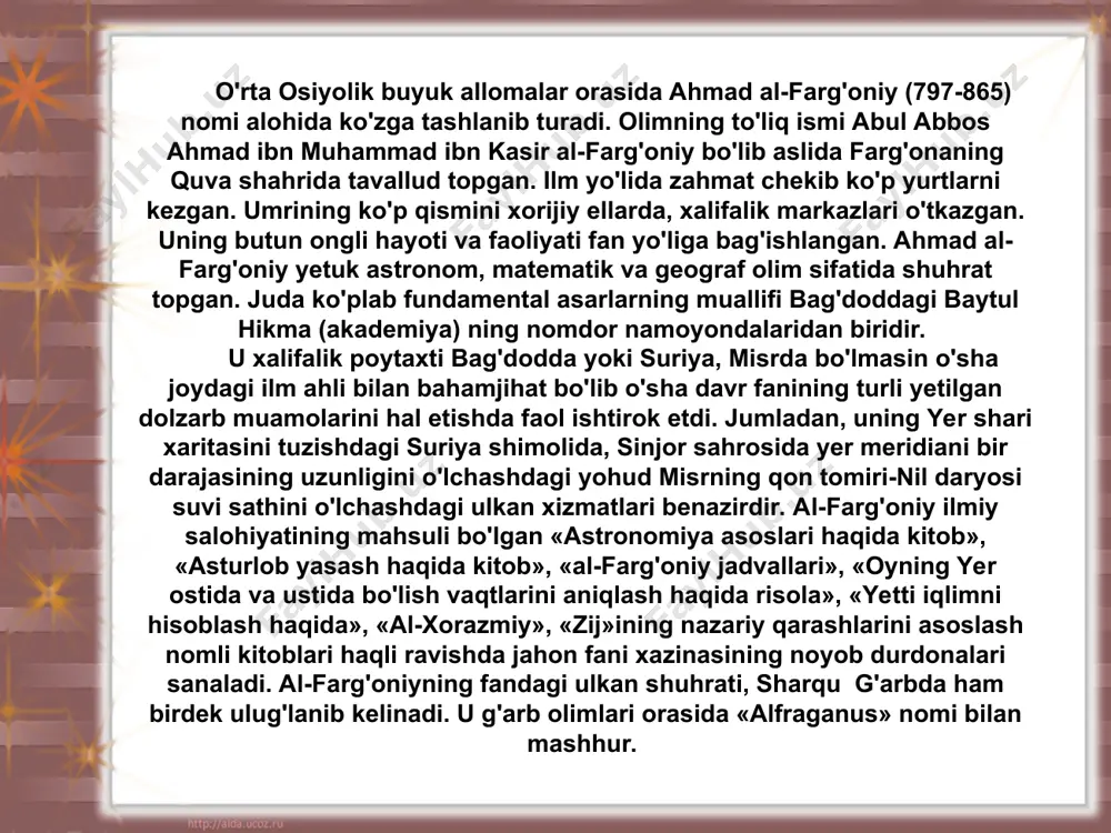 kishilari», «hindiston», «ma'sud qonuni», «mineralogiya», «saydona», «astrologiyaga kirish», «astronomiya kaliti», «jonni davolovchi quyosh kitobi», «foydali savollar va to'g'ri javoblar», «ibn sino bilan yozishmalar» singari tarixiy kitoblarni kiritish mumkin. beruniy asarlari asrlardan buyon sharqu g'arbda keng tarqalgan bo'lib ular yuksak qadr topgan. «hindiston» asari to'g'risida so'z yuritgan olim v.r.rozin «sharq va g'arbning qadimgi va o'rta asrdagi butun ilmiy adabiyoti orasida bunga teng keladigan asar yo'q» deb baho beradi. beruniyning «mineralogiya» asari ham o'z zamonasi uchun o'rta osiyo yaqin sharq, hatto yevropada ham mineralogiya sohasidagi tengi yo'q asar sifatida e'tirof topgan. alloma merosi uning bugungi mustaqil yurtida minnatdor avlodlari nigohida, doimiy e'tiborida, e'zozidadir. abu rayxon beruniyning zamondoshi va safdoshi abu ali ibn sino (980-1037) ham o'z davrining yetuk allomasi fan fidoyisi sifatida mashhurdir. buxoroi sharifning afshona qishlog'ida tug'ilib voyaga yetgan ibn sino 18 yoshlik chog'idanoq el orasida yetuk tabib, olim sifatida tan olingan, uning dovrug'i somoniylar saroyida ham ma'lum va mashhur bo'lgan. …