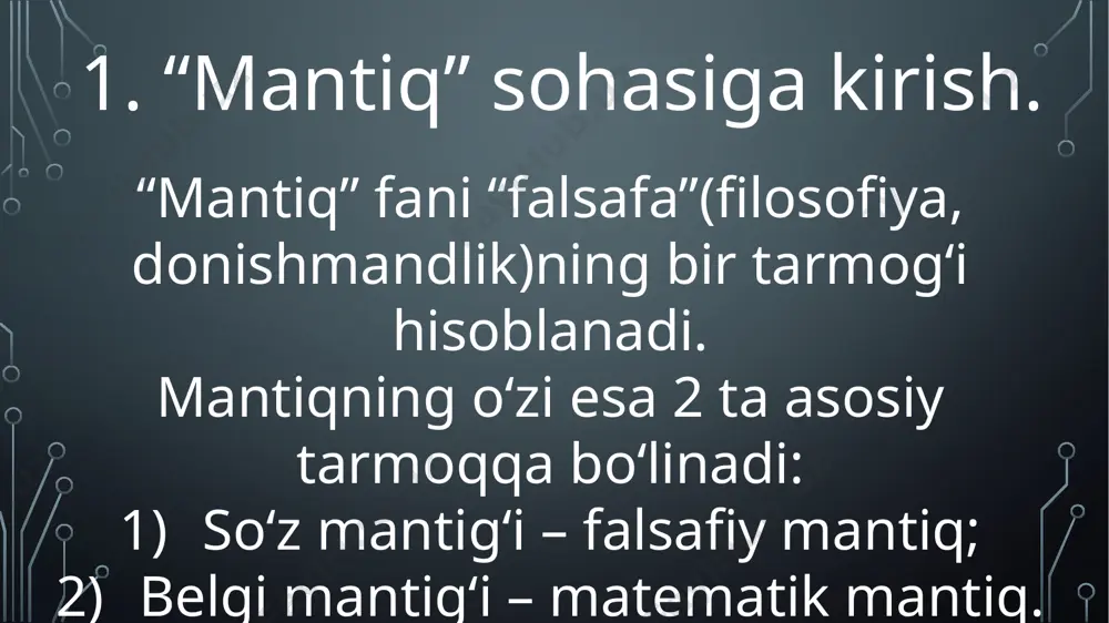 tiyoriy “f” aynan yolg‘on bo‘lmagan (yoki aynan rost bo‘lmagan) formulasining mdnf(yoki mknf)si mavjud”. mdnf(mukammal dizyunktiv normal forma) – turli mukammal elementar konyunksiyalardan tuzilgan dizyunksiya. misol: (x1*2*x3)+ (x1*2*3)+ (1*x2*x3). mknf(mukammal konyunktiv normal forma) – turli mukammal elementar dizyunksiyalardan tuzilgan konyunksiya. misol: (x1+2+x3)*(x1+2+3)*(1+x2+x3). qisqa qilib aytganda, mulohazalar algebrasining “f” formulasiga teng kuchli dnf(knf, mdnf, mknf) “f” formulaning dnf(knf, mdnf, mknf)si deyiladi. 2. mdnf va mknf. “f” funksiya uchun mdnf ni tuzayotganda, “f” funksiyaning qiymati “1” ga teng bo‘lgan satrlarga e’tabor beriladi. shu satr qiymati “1” ga teng bo‘lishi uchun “x” o‘zgaruvchilar kerakli holda yoziladi. misol: mdnf(f)=(1*2)+(x1*2) mdnf(mukammal dizyunktiv normal forma). endi quyidagi murakkabroq bir misolni ko‘rib chiqsak: mdnf(f)=(1*2*3)+(1*2*x3)+(x 1*2*3)+(1*2*x3)+(x 1*x2*x3) ushbu chizmada esa buni osonroq tushunish mumkin: bilimni sinab ko‘rish uchun shu funksiyalarning mdnf larini toping va mantiqiy sxemalarini 2 xil tarzda tuzing! “f” funksiya uchun mknf ni tuzayotganda, “f” funksiyaning qiymati “0” ga teng bo‘lgan satrlarga e’tabor beriladi. shu satr qiymati …