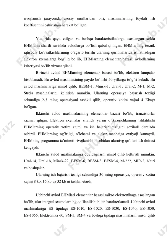 hmlari elementlar bazasi mikro elektronikaga asoslangan bo’lib, ular integral sxemalarning qo’llanilishi bilan harakterlanadi. uchinchi avlod mashinalariga es tipidagi es-1010, es-1020, es-1030, es-1040, es-1050, es-1066, elektronika 60, sm-3, sm-4 va boshqa tipdagi mashinalarni misol qilib olish mumkin. ularning operasiya bajarish tezligi 500 mingdan 1 mln operasiyagacha bordi. operatav xotira xajmi esa 64 кb dan 1204 кb etdi. to’rtinchi avlod mashinalarining elementlar bazasi katta integral sxemalarga asoslangan bo’lib, qurilma sifatida kremniy plastinkalaridan foydalanildi. bu avlod mashinalariga el’brus tipidagi mashinalarni misol qilib keltirish mumkin. uning operasiya bajarish tezligi sekundiga 5 mln.ni tashkil etib, 64 mbaytgacha operativ xotira xajmiga ega bo’ldi. mikroprosessorlarning paydo bo’lishi hisoblash texnikasi rivojlanish tarixida revolyusion bosqich bo’ldi. mikroprosessorlar asosida kompyuter davri boshlandi. beshinchi avlod mashinalari elementlar bazasi ulkan katta integral sxemaga asoslangan bo’lib, sun’iy intelekt orqali ishlaydi. ma’lumotlarni kiritish va chiqarish tovush va tasvirlar orqali amalga oshiriladi. 2. informatika termini elektron hisoblash mashinalari yordamida avtomatik ravishda qayta ishlash sohasi bilan …