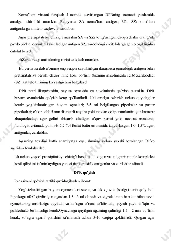 k.oynachaga quyilgan agarning qalinligi 1,5 – 2 mm bo’lishi kerak, so’ngra agarni qotishini ta’minlash uchun 5-10 daqiqa qoldiriladi. qotgan agar qatlamida chuqurchalar tayyorlanadi. chuqurchalarning soni dpr qaysi maqsadda qo’yilishiga bog’liq, chuqurchalarning diametri 5mm, chuqurchalar orasidagi masofa 3-4 mm bo’ladi. ko’pincha chuqurchalarning ikki turdagi joylashishi qo’llaniladi. chuqurchalarni tayyorlash uchun uchi o’tkir naychalardan foydalaniladi. agar tayyor qolip bo’lmasa doirasi to’g’ri keladigan har qanday naycha yoki kichik kalibrli miltiqning (5,6 kalibrli) patron gilzalaridan foydalaniladi. u holda dastlab qog’ozga chuqurchalarning o’zaro joylashish tasviri chizib olinadi va agar quyilgan petri likopchasi yoki buyum oynachasi tagiga qo’yilib unga qarab chuqurchalar kesib tayyorlanadi. chuqurchada qolgan agarni esa igna, paster pipetkasining uchi bilan, yoki o’quv perosi yordamida chiqarib tashlanadi. chuqurchaga quyilgan suyuqliklar oqmasligini ta’minlash uchun, chuqurchani tubiga eritilgan suyuq agardan paster pipetkasi yordamida tomchi tomizilib so’ngra qaytadan tortib olinadi. bu holatning tasviri 57 rasmda tasvirlanganidek ko’rinishda bajariladi. biroq ayrim hollarda yaxshi yog’sizlantirilgan oynaga eritilgan agar yaxshi yopishgan bo’lsa, …