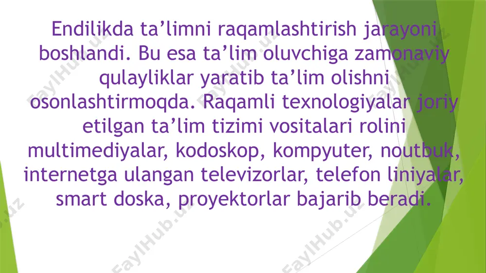 etilgan va foydalaniladigan mahalliy, korporativ va global kompyuter tarmoqlarining axborot mazmuni va kommunikativ imkoniyatlarini o’z ichiga oladi; - o’quv jarayonining barcha ishtirokchilarini samarali muloqot qilish uchun yaratilgan va ishlab chiqilgan; ta’lim olishning an’anaviy usullaridan farqli o’laroq, ta’lim kommunikatsiyaning tabiati, bilvosita, ham uzoq, ham an’anaviy tarzda “ko’zdan-ko’zga” olib boriladi. virtual ta’lim muhiti tezkor o’sib borayotgan, ko’p bosqichli va ko’p funksional tizimni birlashtiradi: 1) asinxron individual ta’limning ochiq modeli doirasida o’quv jarayonida ishtirokchilarning o’zaro aloqalariga xos innovatsion va an’anaviy texnologiyalar; 2) axborot resurslari: ma’lumotlar bazalari va ma’lumotlar, kutubxonalar, elektron o’quv material lari va h.; 3) zamonaviy dasturiy ta’minot: dasturiy ta’minot kabinalari, elektron aloqa. virtual ta’lim muhiti vazifalari ma’lumot va trening (turli xil ta‟lim ma‟lumotlarining shakllarida taqdim etilgan); aloqa (o’quv jarayoni ishtirokchilari bilan muloqotda bo’ladi); nazorat va ma’muriy (bilim, ko’nikma va boshqaruv darajasini nazorat qilish bo’yicha kompleks chora-tadbirlar ko’rilmoqda). virtual ta’lim muhitida informatika va axborot texnologiyalari fani o’qituvchisining o’rni quyidagilardan iborat: - informatika …