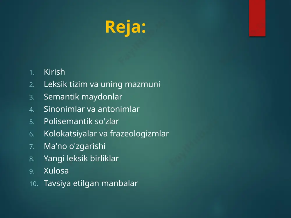 ifodaning aniqroq bo'lishini ta'minlaydi. polisemantik so'zlar polisemantik so'zlar — bitta so'zning bir nechta ma'nolari bo'lishini anglatadi. masalan, "bosh" so'zi o'rtacha organizmning yuqori qismi, boshqaruvchi pozitsiya yoki rahbarlik ma'nolarini bildirishi mumkin. polisemantizm tilning rivojlanishida muhim rol o'ynaydi, chunki bir so'zning bir nechta ma'nosi uning semantik ko'lamini kengaytiradi. kolokatsiyalar va frazeologizmlar kolokatsiya — bu ma'lum bir so'zlarning birga ishlatilish odatlari va tendentsiyalari. masalan, "yaxshi ko'rish", "katta muvaffaqiyat" kabi iboralar. frazeologizm esa tilning an'anaviy ifodalari bo'lib, ular bir butun ma'no hosil qiladi. masalan, "qo'liga ko'rsatmoq" (yordam bermoq), "tiliga solmoq" (so'zlar bilan ifodalamoq) kabi iboralar tildagi frazeologik birliklardir. kolokatsiyalar va frazeologizmlar tilning semantik strukturasini to'ldiradi. ma'no o'zgarishi so'zlarning ma'nosi va foydalanish doirasi vaqt o'tishi bilan o'zgarishi mumkin. bunday o'zgarishlar tarixiy, madaniy yoki texnologik rivojlanishlar bilan bog'liq. masalan, "telefon" so'zi avval faqat ovozli aloqa vositasi sifatida ishlatilgan, hozirda esa kompyuter, mobil qurilma va boshqa ko'plab texnologiyalarni bildiradi. so'zlarning ma'no o'zgarishi tildagi dinamikani aks ettiradi. yangi …
