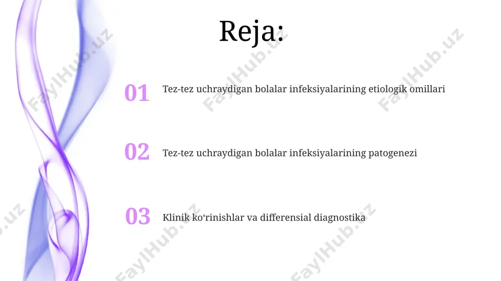 tarqalgan sababchilari orasida streptococcus pneumoniae, haemophilus influenzae va mycoplasma pneumoniae turlari mavjud bo'lib, ular turli yosh guruhlarida farq qiladi. sepsis neonatal sepsisda gram-manfiy bakteriyalar, masalan, klebsiella va pseudomonas turlarining tarqalishi 50% dan yuqori bo'lishi mumkin, bu esa davolashni murakkablashtiradi. sepsisda 2 yoshgacha bo'lgan bolalarda bakterial infeksiyalar, ayniqsa, escherichia coli va streptococcus pneumoniae kabi patogenlar ko'p uchraydi va yuqori o'lim xavfini keltirib chiqaradi. qutulish qutulishni tashxislashda klinik ko'rinish (isitma, qusish, diareya) bilan bir qatorda, qon va axlat tahlillari orqali bakteriyalarni aniqlash muhim, unda 10⁵ dan ortiq bakteriya koloniyasi aniqlanishi mumkin. qutulishning patogenezi ichak shilliq qavatining yallig'lanishi (enterokolit) bilan boshlanib, keyinchalik sistemali infektsiyaga aylanishi bilan tavsiflanadi, taxminan 2-3 hafta davom etadi. yuqori nafas yo'llari infektsiyalari yillik yuqori nafas yo'llari infektsiyalari chastotasi yoshga bog'liq bo'lib, 1 yoshgacha bo'lgan bolalarda 6-8 marta, 2-5 yoshgacha bo'lgan bolalarda esa 4-6 marta kuzatiladi, bu ularning rivojlanayotgan immun tizimiga bog'liq. bakterial etiologiyalar, masalan, streptococcus pneumoniae yoki haemophilus influenzae, …