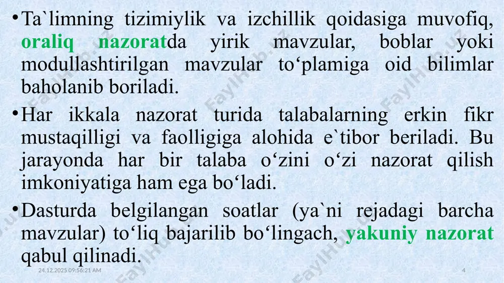 ʻg’rilash imkoniyatining kamayishi; - baholashning sub`ektivligi. 21.02.2022 19:16:43 11 baholashning reyting tizimi. afzalligi - haqqoniy baholanishi; - yozma nutqning oʻsishi; - yozma nutqda xato va kamchiliklarni aniqlash imkoniyatlarining mavjudligi; - ta`lim oluvchining bilimga boʻlgan ishtiyoqining sezilarli darajada oshishi; - ta`lim oluvchini muntazam shug’ullanishga undashi. kamchiligi - ta`lim beruvchi ta`lim oluvchi bilan ishlaganda koʻp vaqt sarf qiladi; - ballarni hisoblash koʻp vaqtni talab qiluvchi murakkab jarayonligi; - baholash usullariga qarab ta`lim oluvchi og’zaki nutqining pasayishi; - ajratilgan vaqtning yetarli emasligi; - ta`lim oluvchini baholash nazoratining murakkabligi va noqulayligi. 21.02.2022 19:16:43 12 mezonga asoslangan baholash. afzalligi. - oʻquv maqsadiga muvofiq baholanadi; - ta`lim oluvchining bilimini baholaganda uning yoʻl qoʻygan xatolari yaqqol koʻrsatib beriladi; - baholanuvchi ta`lim olishga yoʻnaltiriladi; - baholanuvchilarning baholanayotgan sohadagi kuchli va kuchsiz tomonlari xolisona aniqlab beriladi, ularning oʻz bilimi va malakalariga boʻlgan ishonchi oshiriladi; - hamma uchun bir xil bilim va malaka talablari oʻrnatadi; - ta`lim mazmunm aniqlab beriladi; …