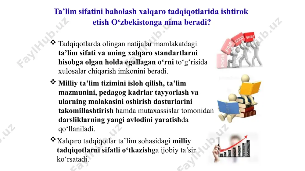 ing kamolotiga mas'uliyat bilan yondashishga qodir bo'lishi kerak. bu o'qituvchilardan ular ustida kamroq ishlashni talab qiladi. kelajak avlodni yuksak salohiyatli, madaniyatli, ma’naviyatli, dunyoqarashi keng inson sifatida namoyon etishi maqsadga muvofiq. foydalanilgan adabiyotlar 1. general pedagogy bh khodjayev sano- standart publishing house tashkent-2017. 2. uzeu.uz official website of the ministry of public eduction of the republic of uzbekistan. 3. oecd.org/pisa/ -pisa international assessment program website. 4. timssandpirls.bc. edu timss and pirls international evaluation site. 5. abdumalik o’g’li, o. r. cultural comparison of uzbek and english language speech styles. e’tiboringiz uchun rahmat! image1.jpeg image2.png image3.jpeg image4.jpeg image5.jpeg image6.jpeg image7.jpeg image12.jpeg image14.png image15.png image16.png image17.png image18.png image19.jpeg image20.jpeg image21.png image22.png image23.jpeg /docprops/thumbnail.jpeg