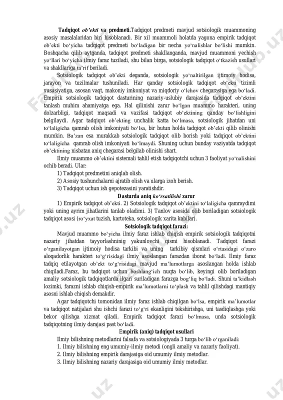 iqot maqsadini aniqlash va belgilash. 1.2. empirik tadqiqot g‘oyasini ishlab chiqish. 1.3. empirik tadqiqot jarayonini tashkil etish. 1.4. analitik muolaja tayyorlash. ikkinchi bosqich: asosiy bosqich: empirik tadqiqot va eksperiment o‘tkazish. uchinchi bosqich: olingan empirik ma’lumotlarni qayta ishlash va amaliy tavsiyalar ishlab chiqish. bu bosqichda 3 ta vazifa bajariladi:3.1. olingan empirik tadqiqot natijalarini statistik qayta ishlash.3.2. nazariy jihatdan qayta ishlash.3.3. olingan natijalarni amaliyotda qo‘llash. har qanday tadqiqot biron-bir muammoning qo‘yilishidan boshlanadi. bunday muammo tashqaridan, buyurtmachi tomonidan berilishi yoki jamiyat hayotida o‘zining ilmiy yechimini kutayotgan muammo bo‘lishi mumkin. shulardan kelib chiqib, sotsiologik tadqiqotlarni tashkil qilishning asosiy shakllari: davlat buyurtmasi asosida, xo‘jalik shartnomasi asosida, jamoatchilik va aralash tartibda bo‘lishi mumkin. sotsiologik tadqiqot dasturi va uning tarkibiy tuzilishi empirik sotsiologik tadqiqot ob’ekti bo‘yicha o‘tkazilgan dastlabki tahlillar asosida mavjud maummoni tahlil qilish dasturi ishlab chiqiladi. ilmiy dastur har qanday amaliy, nazariy sotsiologik tadqiqotning dastlabki zarur hujjati hisoblanadi. dastur sotsiologik tadqiqot ob’ekti bo‘yicha ishchi farazni tekshirishga …