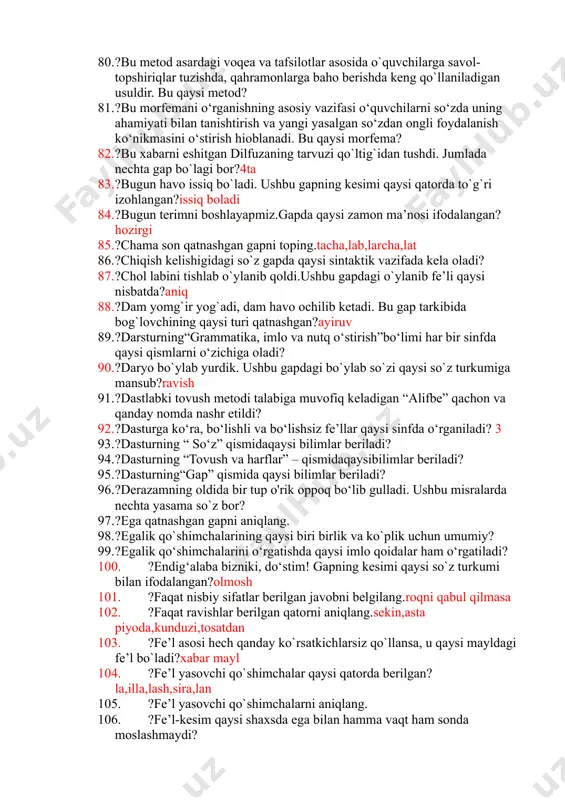 lang‘ich sinflarda “tovushlar va harflar” mavzusini o‘rganishda qaysi metoddan foydalaniladi? 66. ?boshlang‘ich sinflarda fe’llardagishaxs-son (so‘zlovchi(ishaxs), tinglovchi (ii shaxs), o‘zga (iiishaxs)) haqida tushuncha qaysi sinfda beriladi? 4 67. ?boshlang‘ich sinflarda kishilik olmoshlarining gapda qaysi gap bo‘lagi vazifasida kelishi o‘rgatiladi? 68. ?boshlang‘ich sinflarda morfologiyadan qanday tushunchalarni shakllantirish ustida ish olib boriladi? 69. ?boshlang‘ich sinflarda nechanchi sinfda olmosh mavzusi o‘rgatiladi? 70. ?boshlang‘ich sinflarda ot haqidagitushunchalar nechanchi sinfdan boshlab shakllanatiriladi? 71. ?boshlang‘ich sinflarda qaysi so‘z turkumi o‘rganilmaydi? ravish 72. ?boshlang‘ich sinflarda sifatni o‘rganish necha bosqichda o‘rgatiladi? 73. ?boshlang‘ich sinflarda so‘z turkumlarini o‘rganishdagi asosiy vazifa nima? 74. ?boshlang‘ich sinflarda so‘zning morfemik tarkibi necha bosqichda o‘rganiladi? 75. ?boshlang‘ich ta’limda olmoshning qaysi ma’no turi o‘rganiladi?kishilik okmoshi 76. ?boshlang‘ich ta’limda son qaysi yo‘nalishda o‘rganiladi? 77. ?boshlang'ich sinf o'quvchilari ot, sifat, son, fe’lning qaysi xususiyatlarini bilib oladilar: 78. ?boshlang'ich sinflarda „sifat" mavzusi qandayizchillikda o'rganiladi? 79. ?boshlang'ich ta’limda son necha yo'nalishda o'rganiladi? 80. ?bu metod asardagi voqea va tafsilotlar asosida …