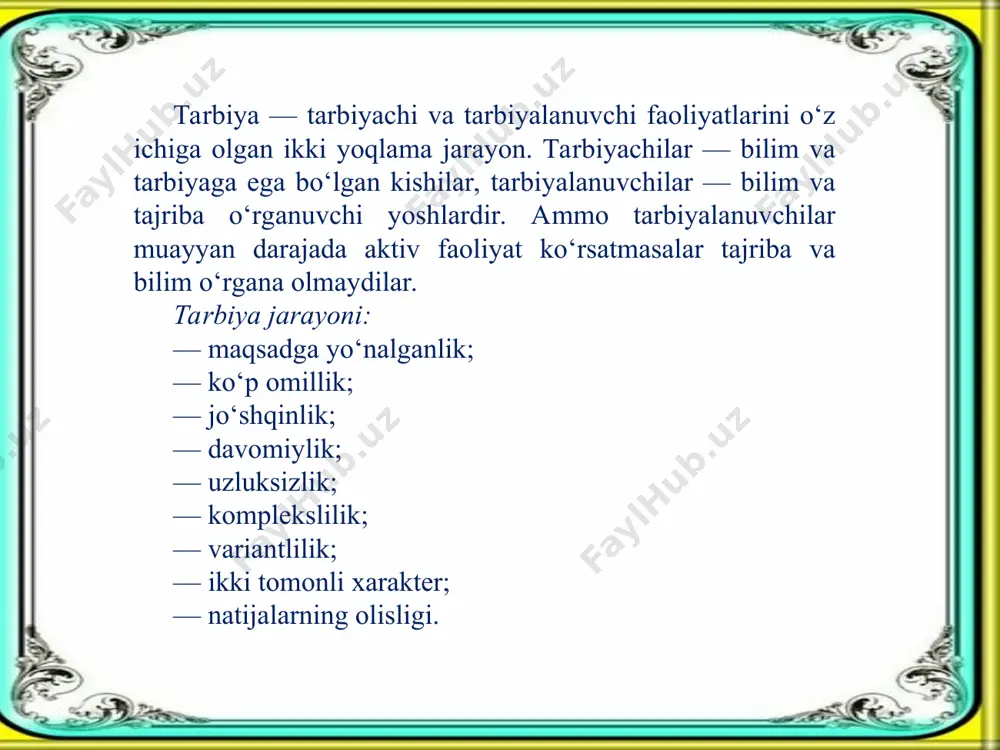 ladi. bundan o’quvchilarda suhbat o’rganishga bo’lgan rag’bat muhim ahamiyat kasb etishi tabiiy holdir. davr o’quvchini faol ishtirokchiga aylanishini talab etmoqda. bu faollik o’z navbatida ongli munosabat, mustaqillik, ijodkorlik, izlanuvchanlik kabi sifat (fazilat)larni tarkib toptirishga asos bo’lib xizmat qiladi. o`quv jarayonini tuzilishi. pedagogik amaliyotda innovatsion texnologiyalarni qo`llash. rеspublikamiz ta'lim sohasidagi islohotlar ta'lim-tarbiyaning samarali omillaridan kеng ko’lamda foydalanish, bu jarayon qatnashchilari orasida ongli hamkorlik munosabatlarini yo’lga qo’yish, o’quvchilarning shaxsiy xususiyatlari va milliy mеntalitеtini hisobga olishni taqozo qiladi. bu xayrli ishga rеspublikamiz olimlari va amaliyotchilari ham baholi qudrat o’z ulushlarini qo’shmoqdalar. masalan, r.j.ishmuhamеdov ishlarida: klastеr (tarmoqlar), 3x4, blits-o’yin mеtodlari; intеrvyu, iеrarxiya, muloqot, boshqaruv, bumеrang tеxnikasi; talaba-o’qituvchi shaxsi trеningi; murakkab vazifalarni qo’llash, aqliy hujum, skarabеy, vееr, fsmu, sinеktik muammoli o’qitish, ijodiy masalalarni hal qilish, tarozi, yеlpig’ich, individual o’qitish, mualliflik tеxnologiyalarining mohiyati, ularning qo’llanish hollari yoritilgan. n.sayidaxmеdovning umumiy tahriri ostida nashr ettirilgan “yangi pе­dagogik tеxnologiya: tahlil, ta'rif, mulohazalar” o’qituvchilar uchun mеtodik tavsiyalar) nomli ishda: yozma …