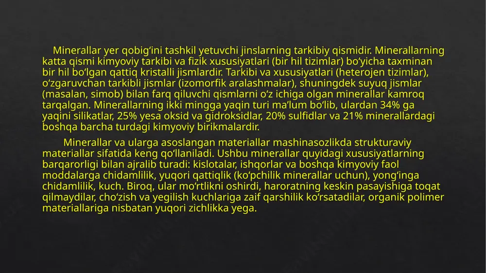 ishda ishlatiladi. varaq slyuda ishlab chiqarish uchun yaroqsiz qazib olingan slyuda (ushoq) chiqindilari refrakterlar ishlab chiqarishda xom-ashyo sifatida, shuningdek, issiqlik izolyatsiyalovchi va ovoz yutuvchi material sifatida ishlatiladi. olmos uglerod kristalli tuzilishining modifikatsiyalaridan biridir. olmos tabiatda ma’lum bo‘lgan barcha minerallarning yeng qiyinidir. olmosning qattiqligi bor karbididan 2,3 baravar va kremniy karbididan 3 baravar yuqori. olmosning yuqori qattiqligi uning kristall tuzilishining o‘ziga xosligi, bir-biridan teng va juda kichik masofalarda joylashgan kristall panjaradagi karbon atomlari bog‘lanishlarining mustahkamligi bilan izohlanadi. biroq, olmosning kuchi kichik va u osonlikcha bo‘linish tekisliklari bo‘ylab bo‘linadi. shuning uchun olmos nisbatan past yuklarda qayta ishlash uchun ishlatiladi. olmosning issiqlik o‘tkazuvchanlik koyeffitsiyenti vk8 qotishmasidan ikki yoki undan ortiq baravar yuqori, shuning uchun issiqlik kesish zonasidan nisbatan tez chiqariladi. olmos juda past chiziqli kengayish koyeffitsiyentiga va yelastiklikning yuqori moduliga yega. binobarin, olmos kristallari bo‘lgan asboblar kichik deformatsiyalarga yega, natijada yuqori aniqlikdagi qismlarni olish va bu aniqlikni uzoq vaqt saqlab turish mumkin. olmosning …