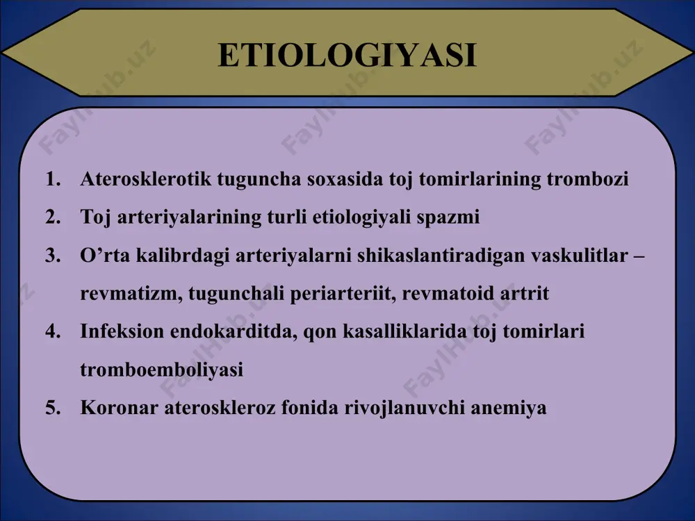 a arteriyasi tromboemboliyasi) perikardit ritm buzilishi dressler sindromi yurak to’xtashi davosi o’tkir og’riq xurujini yo’qotish; kardiogen shokni davolash; yurak maromi buzilishining oldini olish; qon ivishi sistemasini boshqarish; yurak mushaklari metabolizmini yaxshilash; parhez va dori-darmon orqali qonda xolesterin, triglitserid lipoproteidlari miqdorini pasaytirish. og’riqsizlantiruvchilar narkotik va nonarkotik analgetiklar neyroleptanalgeziya toj arteriyalarda qon oqimini tiklash trombolitiklar antikoagulyantlar miokardda nekroz hajmini chegaralash nitroglitserin b-blokatorlar yurak maromi buzilishining oldini olish kardiogen shokni davolash