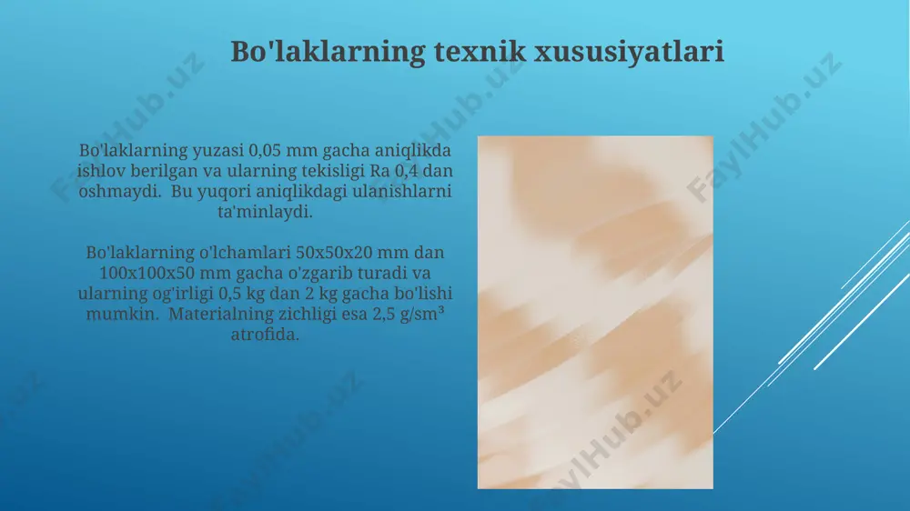 g'asi kiyish ham tavsiya etiladi. bo'laklarning afzalliklari va kamchiliklari bo'lakli dizaynlar, 2 dan ortiq qismlardan tashkil topganligi sababli, yuqori moslashuvchanlikni ta'minlaydi, ammo bu, montaj jarayonining murakkablashishi va xarajatlarning 15-20% ga oshishiga olib kelishi mumkin. kichik bo'laklar yig'ilishi osonroq bo'ladi va transport xarajatlari pastroq bo'ladi, lekin ulardagi yoriqlar va nuqsonlar soni, butun buyumlarga nisbatan 2-3 baravar ko'p bo'lishi mumkin. bo'laklarni tanlash mezonlari бўлаклар сонини танлашда маълумотлар базасининг умумий ҳажми, уларни қайта ишлаш тезлиги ва тизимнинг хотира сиғими каби омилларни ҳисобга олиш зарур. ҳар бир бўлакка бериладиган идентификаторларнинг 16 талик сон тизимидаги ўлчами камида 8 та белгидан иборат бўлиши ва такрорланмаслиги талаб этилади. e'tiboringiz uchun rahmat @taqdimot_robot image1.jpg image2.jpg image3.jpg image4.jpg image5.jpg image6.jpg image7.jpg image8.jpg image9.jpg image10.jpg image11.jpg image12.jpg