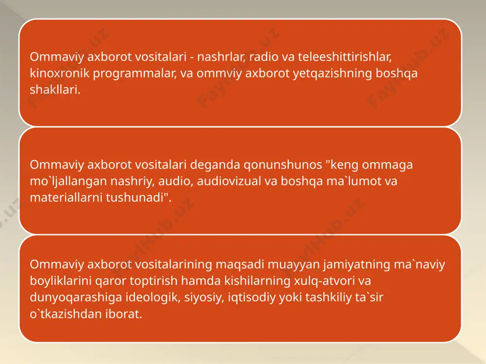 y va boshqa turlariga turlicha jiddiy ta`sir kursatadi. o`zbekiston respublikasi kostitutsiyasi senzuraga yo`l qo`ymaydi. axborotni qidirish, olish, berish, ishlab chiqarish, va tarqatishning qonuniy shakli davlatga tegishli yoki qonun bilan maxsus qo`riqlanadigan sirlarni mumkin emasligi e`tirof etiladi. shuningdek oavni jinoiy javobgarlikka tortiladigan maqsadlar yo`lida, masalan, hokimiyatni egallashga qaratilgan chaqiruvlar, konstitutsion tuzumni kuch ishlatish yo`li bilan o`zgartirish; milliy, sinfiy, ijtimoiy, diniy adovatni keltirib chiqaradigan materiallar: urushni propoganda qiluvchi pornografik, yovo`zik va bosqinchilikni targ`ib etuvchi programmalarni tarqatishi taqiqlangan. shuningdek maxsus oavlarga tegishli axborot tekstlarini tele-, video-, kinoprogrammalarda, xujjatli va badiy filmlarda, shuningdek kompyuter axborot fayllarida va axborotni qayta ishlash programmalarida foydalanish, insonlar ongiga ta`sir etuvchi va sogligiga zarar yetkazuvchi yashirin ma`lumotlar tarqatish, yashirin audio va videotasvir, kino va fotos`yomka yerdamida tayorlangan, mavjud jo`rnalist huquqi yordamida ijtimoiy muhim bo`lgan ma`lumotlarni bo`zish, ishonchli manba tariqasida mish-mish tarqatish, boshqa shaxe yoki organizatsiya uchun ma`lumot to`plash taqiqlanadi. jo`rnalistlik huquqini shuningdek shaxe yoki fuqarolarning ayrim toifalarini jinsi, yoshi, …