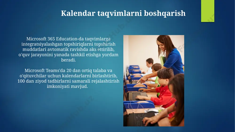 vidual ravishda baholash imkoniyati mavjud. microsoft forms'dagi so'rovnomalar va testlar natijalari excel jadvalida eksport qilinib, keyinchalik chuqurroq tahlil qilish va grafiklar yaratish uchun ishlatilishi mumkin. microsoft 365 education microsoft 365 education, 1 terabaytga yaqin onlayn saqlash maydoni bilan ta'minlaydi va talabalarga word, excel, powerpoint kabi 100 dan ortiq ilovani bepul taqdim etadi. microsoft 365 education, maktablarga o'quvchilar va o'qituvchilar uchun 5 dan ortiq foydali xizmatlarni, shu jumladan, teams, onenote va forms kabi vositalarni taklif etadi. onenote sinf xonalarida microsoft teams bilan integratsiyasi tufayli onenote sinf xonalarida o'qituvchilar va o'quvchilar o'rtasida 5x tezroq va samarali muloqotni ta'minlaydi, bu esa o'quv jarayonini yaxshilaydi. onenote sinf xonalarida o'quvchilarning ishlarini baholash uchun avtomatlashtirilgan xususiyatlar mavjud bo'lib, bu o'qituvchilarning vaqtini tejaydi va baholash jarayonini tezlashtiradi, natijalarni 10% gacha tezroq chiqaradi. e'tiboringiz uchun rahmat @taqdimot_robot image6.jpg image7.jpg image8.jpg image9.jpg image10.jpg image11.jpg image12.jpg image13.jpg image14.jpg image15.jpg image16.jpg image17.jpg image18.jpg image19.jpg image20.jpg image21.jpg image22.jpg image2.png image3.png image4.png image5.png
