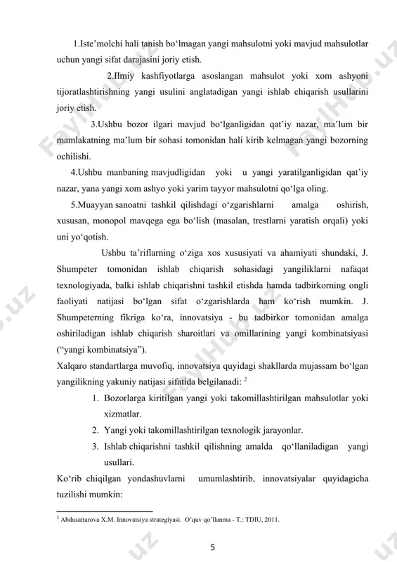 dalaniladigan, qo‘llanilishi amaliyotda katta ijtimoiy-iqtisodiy samaraga erishishni ta’minlaydigan yangi ishlanma”. innovatsion faoliyatni baholash.innovatsiyalarni yoki innovatsion faoliyatni baholashning ikkita asosiy darajasi mavjud: korxona darajasida va davlat darajasida. korxona darajasida innovatsion faoliyatni baholash alohida xodimlar darajasiga bevosita bog‘liq; jamoaviy ishlarni baholash kichik va katta bo‘lgan barcha kompaniyalarda amalga oshiriladi. kompaniyalarning innovatsion faoliyati darajasini baholash hisobotlarni tuzish, seminarlar yoki ichki benchmarking (ya’ni o‘zini benchmark bilan taqqoslash) o‘tkazish, tashqi maslahatchilarni jalb qilish orqali amalga oshirilishi mumkin. korporativ baholashda kompaniyadagi innovatsiyalarning bir necha jihatlari, xususan, moliyaviy natijalarni baholash, innovatsion jarayonlarning samaradorligi, xodimlarning qaytishi va motivatsiya darajasi, shuningdek iste’molchilar uchun yaratilgan qiymat bilan bog‘liq bo‘lgan muvozanatli ko‘rsatkichlar falsafasidan faol foydalaniladi. siyosiy darajada innovatsiyalarni baholash ko‘proq ma’lum bir yangiliklarga asoslangan mamlakat yoki mintaqaning raqobatbardosh afzalliklariga qaratilgan. rivojlanish uchun iqtisodiy hamkorlik tashkiloti (oecd) tomonidan yaratilgan oslo qo‘llanmasida (1992) mahsulot va jarayonlar innovatsiyalarini baholash uchun standartlashtirilgan metodologiyalar mavjud. mazkur oslo qo‘llanma frascati (1963) bir hujjatga qo‘shimcha hujjat deb qaraladi …