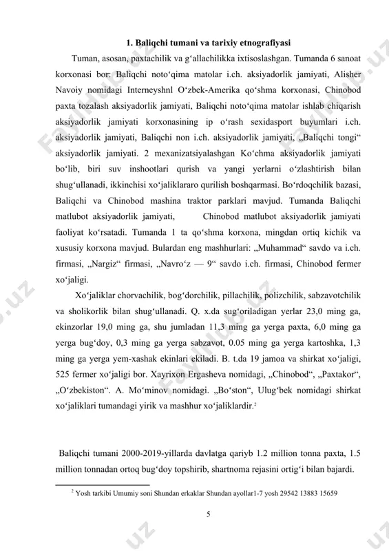soni shundan erkaklar shundan ayollar 1-7 yosh 29542 13883 15659 8-16 yosh 38813 20101 18712 17-23 yosh 50898 26132 24766 24-30 yosh 20459 11659 8800 30-60 yosh 24485 12634 11851 60-80 yosh 20422 10567 9855 81-100 yosh 22456 10599 11857 jami 207075 105575 101500 . baliqchi tumani texnologik kartasi baliqchi — shahar. andijon viloyati baliqchi tumani markazi. tumanning shimoli-gʻarbiy qismida. qoradaryo sohilida. aholisi 20 mingdan ziyod. shahar aholisi aholisi, asosan, sanoat, savdo, shuningdek, xizmat koʻrsatish, boshqaruv, fan va madaniyat sohalarida band va korxonalarda, kasb-hunar kollejlarida ishlashadi. tumanning chekka joylarida paxtachilik, gʻallachilik, chorvachilik bilan shugʻullanadi. katta fargʻona kanalidan suv ichadi. umumiy taʼlim maktablari, kasb-hunar kollejlari, tibbiyot punkti bor. baliqchida 8 ta kasb-hunar kolleji mavjud. 1. baliqchi industrial-pedagogika kasb-hunar kolleji. manzili baliqchi shahar 11-uy/ 2.baliqchi iqtisodiyot kasb-hunar kolleji. manzili: baliqchi tumani chinobod q./ 3.baliqchi tibbiyot kolleji. manzili: baliqchi tumani, yettiqashqa q./ 4.baliqchi agrosanoat kolleji. manzili: baliqchi tumani, siza q. / 5.baliqchi sanoat …