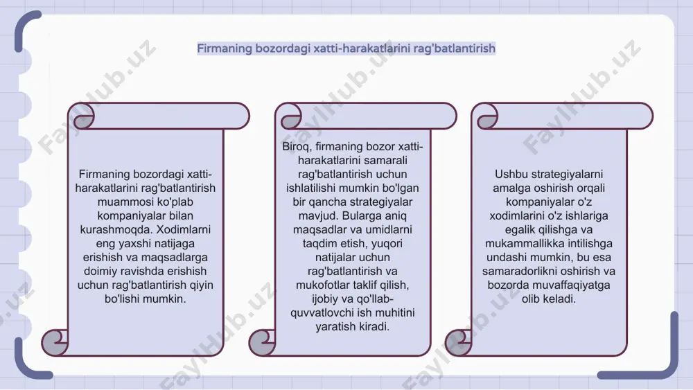ondagi to'siqlarni engib o'tish qiyin bo'lishi mumkin. ushbu to'siqlar orasida xodimlarning ishtiroki yo'qligi, rag'batlantirishning etarli emasligi va o'zgarishlarga madaniy qarshilik ko'rsatilishi mumkin. ushbu to'siqlarni bartaraf etish uchun firmalar samarali muloqot strategiyalarini amalga oshirishlari, mazmunli rag'batlantirishlari va qo'llab-quvvatlovchi tashkiliy madaniyatni yaratishlari mumkin. bozordagi xatti-harakatlar motivatsiyasining muvaffaqiyatini o'lchash firmaning bozordagi xatti-harakatlarini rag'batlantirish juda qiyin vazifadir. bu iste'molchilarning ehtiyojlari va istaklarini tushunish va ushbu ehtiyojlarni qondirish uchun strategiyalarni yaratishni o'z ichiga oladi. bozordagi xatti-harakatlar motivatsiyasining muvaffaqiyatini o'lchash firma strategiyalarining samaradorligini baholash uchun juda muhimdir. u takomillashtirish sohalarini aniqlashga va firma harakatlarining bozorga ta'sirini o'lchashga yordam beradi. bozordagi xatti-harakatlar motivatsiyasi kompaniyaning muvaffaqiyati uchun muhimdir, chunki u iste'molchilarni jalb qilish, sodiqlik va sotishni kuchaytiradi. muntazam baholashlarni o'tkazish va natijalarni tahlil qilish firmaning bozordagi xatti-harakatlarini yaxshilash uchun qimmatli tushunchalarni berishi mumkin. xulosa bozor xatti-harakatlarini rag'batlantirish kompaniya muvaffaqiyati uchun juda muhimdir. xulosa qilib aytganda, muammoni tushunish va samarali echimlarni topish asosiy hisoblanadi. firmalar bozor xatti-harakatlarini rag'batlantirish uchun …