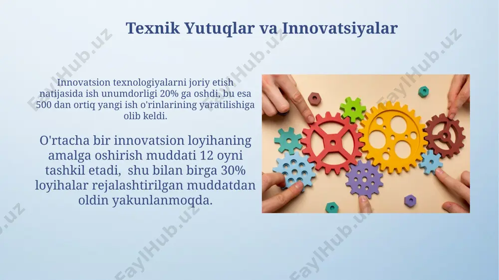qoidalariga rioya qilish darajasini belgilaydi va 30% gacha baxtsiz hodisalarni kamaytirishi mumkin. sifat va standartlar техник маданиятда стандартлаштириш 80% хатоларни камайтириши ва ишлаб чикариш самарадорлигини 15% га ошириши мумкин. код сифати метрикалари, масалан, код цикломатик мураккаблиги (cc) ёки техник қарз миқдори, лойиҳанинг муваффақияти учун муҳимдир. e'tiboringiz uchun rahmat @taqdimot_robot image4.png image5.jpg image6.jpg image7.jpg image8.jpg image9.jpg image10.jpg image11.jpg image12.jpg image13.jpg image14.jpg image3.jpeg