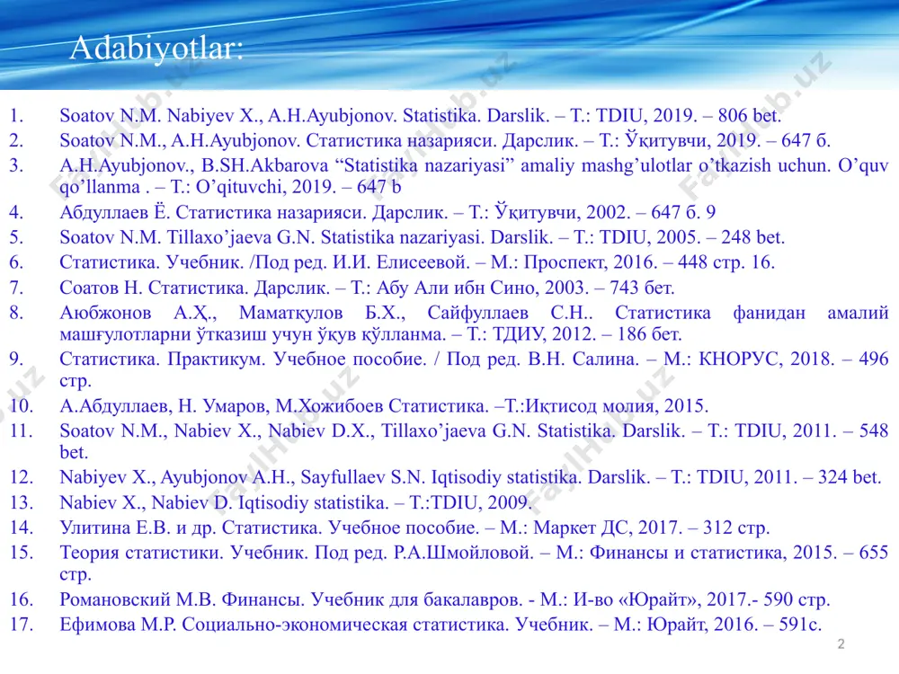 м.: юрайт, 2016. – 591с. 2 2 statistika lotincha “status” - ahvol, holat so‘zi bilan italyancha “state” – davlat yoki nemischa “staat” so‘zidan kelib chiqib, davlat ahvoli haqidagi fan degan ma’noni anglatadi. statistika deganda ma’lumotlar to‘plash jarayoni, ham ularni qayta ishlab, xolisona va aniq talqin etish qoidalari ham tushuniladi. ana shu mazmunda statistika ham fan, ham faoliyat sohasi, ham kasb turidir. u uyushtirilgan bilim tarmog‘i ham, maqsadlarni amalga oshirish uchun kuchli qurol ham, kasbkorlik faoliyati sohasi ham hisoblanadi. 1. statistika tо‘g‘risida umumiy tushuncha 3 ko‘zga ko‘ringan iqtisodchi olim e.keyn shohidlik qilishicha, ma’muriy muassasalarda ishlarni tasniflashga oid amerika ma’lumotnomasida statistika quyidagicha ta’riflanadi: “statistika faktlarni xulosalar yasash uchun asos sifatida to‘plash, tasniflash va miqdoriy baholash haqidagi fandir” shu jihatdan u tasviriy statistika nomi bilan ham yuritiladi. edward j. kane (1935 yil tug’ilgan, 85 yosh) amerikalik iqtisodchi olim 4 statistika kо‘p asrlik tarixga egadir. ayrim ma’lumotlarga kо‘ra, eramizdan 3500 yil ilgari misrda aholi …