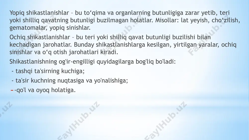 z berishi mumkin. chiqishlar- odatda, shikastlanishdan paydo bo'ladi, ba'zida suyak va bo'g'imlarning kasalligi natijasida (tuberkulez, ostomiyelit, o'smalar) patologik chiqishlar ro'yobga keladi. travmatik chiqishlar, sinishlar qon tomirlarining, nerv tolalarining uzilishi bilan kuzatilib, 80-90 foizni tashkil etadi. ochiq chiqishlar ham paydo bo'lishi mumkin, unda bo'g'im sohasida jarohat borligi aniqlanadi. ba'zi hollarda bo'g'im paylarining uzilishi yoki kuchsizligi natijasida shikastlanishlardan so'ng o'rganib qolingan odatiy chiqishlar mavjud bo'lishi mumkin. ko'pincha bu hoi yelka va boldir pay bo'g'imlarida, birlamchi shikastlanishlar yaxshi davolanmaganida kuzatiladi sinishlar 1-tugruq paytida sinishlar 2-travmatik va patologik sinishlar 3-ochiq va yopiq sinishlar 4-tola,tola bolmagan va suyak yorilishlari 5-sinish sohasiga kora-diafezar,metafizar,epifizar 6-yonalishiga kora-kondalang,uzunasiga,qiyshiq,vintsimon,parchalangan suyak 7-oddiy,asoratli,murakkab,kombinatsiyalangan sinishlarda yordam 1-gips boglami 2-skeletdan tortish usuli 3-sinishlarni operativ davolash jarohatlar teri va shilliq pardaning mexanik ta'sir natijasida butunligi buzilishiga jarohatlar («vulnera») deyiladi jarohatlar kelib chiqishi, xususiyatlariga va to'qimalarning zararlanish xarakteriga qarab quyidagicha farqlanadi: o'q tekkan - valnus scloperatum; 2. sanchilgan - valnus punetum; 3. kesilgan - vulnus incisium; …