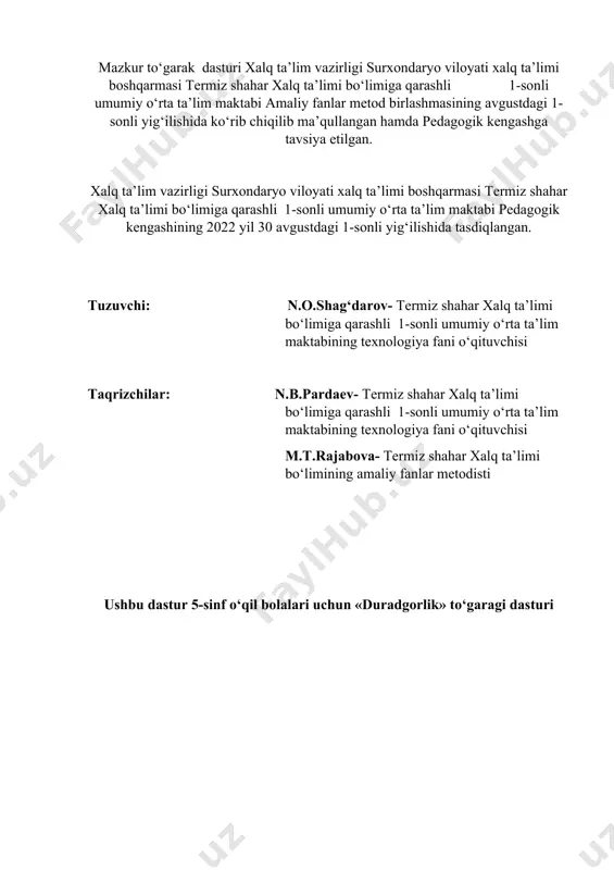 ’rgatish; yog’ochdan buyumlar yasashni o’rgatish; asosiy qism nazariy mashg‘ulotlar 1-mavzu: yog‘ochga ishlov berish. yog‘ochga ishlov berish ustaxonasining tuzilishi va ustaxonada xavfsiz ishlash qoidalari. yog‘ochning turmushda va iqtisodiyot tarmoqlaridagi ahamiyati. 2-mavzu: duradgorlikda ishlatiladigan yog‘ochlar. daraxt tanasining tuzilishi yog‘ochning tashqi ko‘rinishiga va tabiiy gulining tuzilishiga qarab turini aniqlash. yog‘ochning tuzilishi, yog‘ochlarning turlari, yog‘ochlarning nuqsonlari. 3-mavzu: duradgorlik dastgohi. duradgorlik dastgohini tuzilishi, ish o‘rni. 4-mavzu: qo‘l asboblari va ulardan foydalanish qoidalari. qo‘l asboblari va ulardan to‘g‘ri foydalanish qoidalari. 5-mavzu: o‘lchash va rejalash asboblari. masshtabli chizg‘ich, go‘niya, porsi go‘niya, xatkash, sirkul kabi o‘lchash asboblarining vazifasi, tuzilishi va ulardan foydalanish qoidalari. 6-mavzu: jilvir qog‘ozlar va undan foydalanish qoidalari. jilvir qog‘ozlar tuzilishi va turlari, undan foydalanish qoidalari. 7-mavzu: duradgorlik buyumlari detallarini tayyorlash. tayyorlanma (zagotovka) ning texnologik xaritasini tuzish. 8-mavzu: duradgorlik birikmalari. duradgorlik birikmalari to‘g‘risida ma’lumotlar: yelimlash mixlar, burama mixlar (shurup) va boshqa vositalar bilan biriktirish. 9-mavzu: buyumlar yuzasiga qoplamalar yopishtirish. buyumlar yuzasiga qoplamalar yopishtirish. 10-mavzu: yog‘ochdan uy-ro‘zg‘or …
