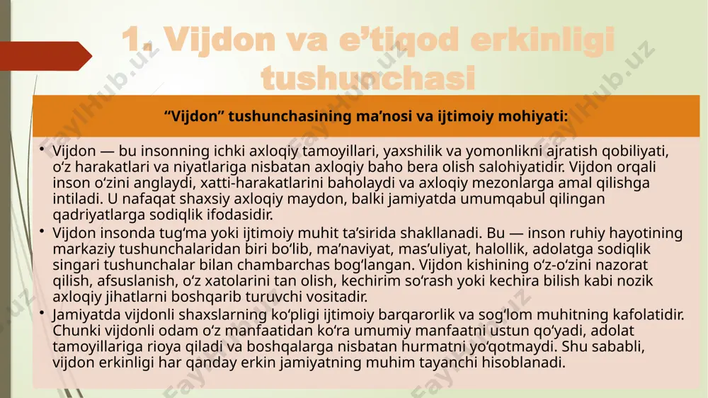 lqaro pakt (1966): fuqarolik va siyosiy huquqlar to‘g‘risidagi xalqaro pakt (international covenant on civil and political rights, iccpr) 1966-yil qabul qilingan va 1976-yildan kuchga kirgan xalqaro huquqiy hujjat bo‘lib, inson huquqlarini himoya qilishda muhim rol o‘ynaydi. mazkur paktning 18-moddasi vijdon, din va e’tiqod erkinligini kafolatlaydi: har bir inson fikr, vijdon va din erkinligiga haqlidir. bu huquq shaxsning o‘z dini yoki e’tiqodini erkin tanlashi yoki qabul qilishi, uni ibodatlar, diniy marosimlar, amaliyotlar va ta’lim orqali ifodalash erkinligini o‘z ichiga oladi. hech kim o‘z e’tiqodidan voz kechishga yoki boshqa e’tiqodni qabul qilishga majbur etilmasligi lozim. ushbu huquqning amalga oshirilishiga faqat qonun asosida, jamoat xavfsizligi, tartibi, sog‘liqni saqlash yoki odob-axloq yoki boshqalarning asosiy huquq va erkinliklarini himoya qilish maqsadida cheklov qo‘yilishi mumkin. bu pakt e’tiqod erkinligini xalqaro miqyosda tan olgan va har qanday diniy majburlov, ta’qib yoki kamsitishga qarshi huquqiy asos yaratadi. o‘zbekiston respublikasi ham ushbu paktda ishtirokchi davlatlardan biridir. o‘zbekiston respublikasi konstitutsiyasi …