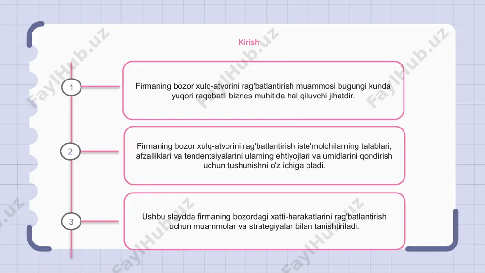 ish firmaning bozordagi xatti-harakatlarini rag'batlantirish muammosi ko'plab kompaniyalar bilan kurashmoqda. xodimlarni eng yaxshi natijaga erishish va maqsadlarga doimiy ravishda erishish uchun rag'batlantirish qiyin bo'lishi mumkin. biroq, firmaning bozor xatti-harakatlarini samarali rag'batlantirish uchun ishlatilishi mumkin bo'lgan bir qancha strategiyalar mavjud. bularga aniq maqsadlar va umidlarni taqdim etish, yuqori natijalar uchun rag'batlantirish va mukofotlar taklif qilish, ijobiy va qo'llab-quvvatlovchi ish muhitini yaratish kiradi. ushbu strategiyalarni amalga oshirish orqali kompaniyalar o'z xodimlarini o'z ishlariga egalik qilishga va mukammallikka intilishga undashi mumkin, bu esa samaradorlikni oshirish va bozorda muvaffaqiyatga olib keladi. bozor xatti-harakatlarini rag'batlantirish muammosi firmaning bozor xulq-atvorini rag'batlantirish muammosi mijozlarning istaklari va motivlarini tushunishni talab qiladigan murakkab vazifadir. muammolardan biri o'zaro manfaatli munosabatlarni yaratish uchun firmaning rag'batlarini bozor rag'batlari bilan moslashtirishdir. yana bir qiyinchilik vaqt o'tishi bilan motivatsiyani saqlab qolishdir, chunki bozor xatti-harakatlari o'zgarishi va o'zgarishi mumkin. bozor xatti-harakatlarini rag'batlantirishdagi qiyinchiliklar firmaning bozordagi xatti-harakatlarini rag'batlantirish turli omillar tufayli qiyin bo'lishi mumkin. asosiy muammolardan …