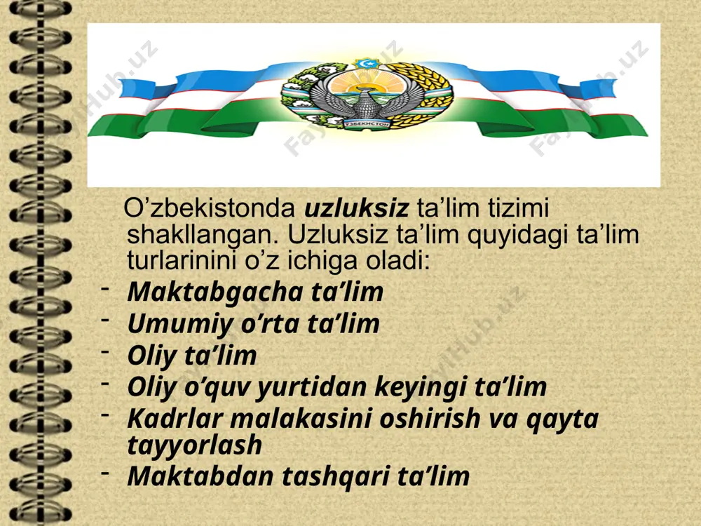 ib shakllanishini ta’minlash, ulardagi o’qishga intilish hissini uyg’otish va uni muntazam ta’lim olishga tayyorlashdan iboratdir. maktabgacha ta’lim bola 6 – 7 yoshga etguncha davlat va nodavlat maktabgacha tarbiya bolalar muassasalarida hamda oilalarda amalga oshiriladi. uning maqsad – vazifalarini ro’yobga chiqarishda mahallalar, jamoat va hayriya tashkilotlari, halqaro fondlar ishtirok etishi mumkin. maktabgacha tarbiyani rivojlantirish uchun quyidagilarni amalga oshirish lozim bo'ladi: 1 malakali tarbiyachi va pedagog kadrlarni ustuvor ravishda tayyorlash; 2 maktabgacha ta'limning samarali psixologik-pedagogik uslublarini izlash va joriy etish; 3 bolalarni oilada tarbiyalashni tashkiliy, psixologik, pedagogik va uslubiy jihatdan ta'minlash; 4 zamonaviy o'quv-uslubiy qo'llanmalar, texnik vositalar, o'yinchoqlar va o'yinlar yaratish hamda ularni ishlab chiqarish; 5 o'quvchilarning unumli mehnati, ya'ni ijtimoiy-foydali ish-larni o'zlariga mos shakllarda yo'lga qo'yish. 6 maktabgacha yoshdagi bolalarni xalqning boy madaniy-tarixiy merosi va umumbashariy qadriyatlar asosida ma'naviy-axloqiy jihatdan tarbiyalash uchun shart-sharoitlar yaratish; 7 maktabgacha tarbiya muassasalarining har xil turlari uchun turli variantlardagi dasturlarni tanlab olish, maktabgacha tarbiya-ning barcha masalalari …