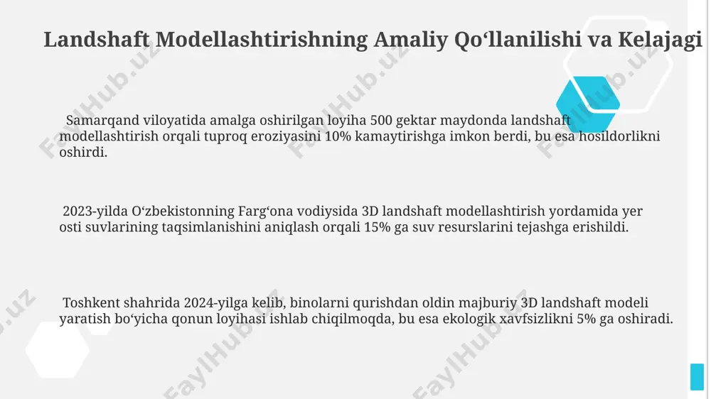 sh imkonini beradi. agent-asoslangan modellashtirish, 20 ta parametrni hisobga olgan holda, toshkent viloyati yaqinidagi 10 km² hududda suv resurslarining taqsimlanishini simulyatsiya qilishda samarali vosita boʻlib xizmat qiladi. agent-based modellashtirish va landshaft dinamikasi agentlarning xatti-harakatlari va ularning atrof-muhit bilan o'zaro ta'siri natijasida 5 yil davomida farg'ona vodiysidagi paxta dalalarining o'zgarishini kuzatish orqali, tuproq unumdorligini baholash mumkin. agent-asoslangan modellashtirish, masalan, 1000 ta qo'yning o'zbekistonning tog'li hududlaridagi o'tloqlarga ta'sirini simulyatsiya qilish orqali landshaftning dinamikasini o'rganishga yordam beradi. modellashtirishda 3d vizualizatsiya vositalaridan foydalanib, qashqadaryo viloyatining cho'l landshaftlaridagi eroziya jarayonlarini har xil o'zgaruvchilarni (masalan, yomg'ir miqdori 200 mm) hisobga olgan holda taxmin qilish mumkin. e'tiboringiz uchun rahmat @taqdimot_robot
