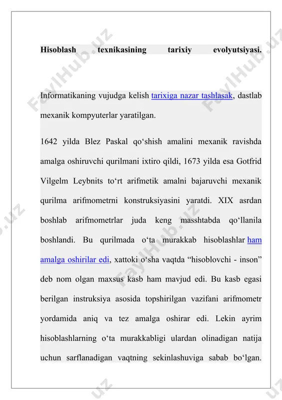 niladi. bu oraliq ma’lumotlarni saqlovchi qurilma (bufer) operativ xotira deb ataladi. huddi shunda fon neyman kompyuterning asosiy funksional ishlash prinsiplarini tavsiflab bergan. elektron hisoblash mashinalari xozirgi kunda inson foydalanayotgan xolatiga kelguniga qadar bir qancha davrlarni bosib o‘tgan va ular o‘zlarining turli afzallik, kamchiliklari bilan farqlanganlar. 2. shaxsiy komp’yutеrlarning tuzilishi. texnik vositalar. shaxsiy kompyuterlar (inglizcha,qisqacha rs) quyidagi asosiy qurilmalardan tashkil topgan (vm,rs). · sistemalar bloki – ichki qurilmalar joylashadi. · klaviatura belgini kompyuterga kiritadi. · monitor (disrley) ma’lumotlarni matnli va tasvirli tasvirlash imkonini bepadi. kompyuterlar imkoniyatlarini oshirish maqsadida unga turli qo’shimcha qurilmalar ulanishi mumkin. bular: sichqoncha – ma’lumotlar kiritilishini engillashtiruvchi manirulyator. printer – ma’lumotlarni qog’ozga chiqapadi. skaner – qog’ozdagi ma’lumotni kompyuterga tasvirli yoki matnli ravishda kiritadi. modem – telefon tarmog’i orqali boshqa kompyuter bilan ma’lumot almashish imkoniyatini bepadi. plotter – turli tasvirni va grafiklarni bosmaga chiqarish qurilmasi. strajer – kompyuterning venchesteridagi ma’lumotlar nushasini zaxiraga olish uchun mo’ljallangan qurilma bo’lib , ma’lumotlarni …