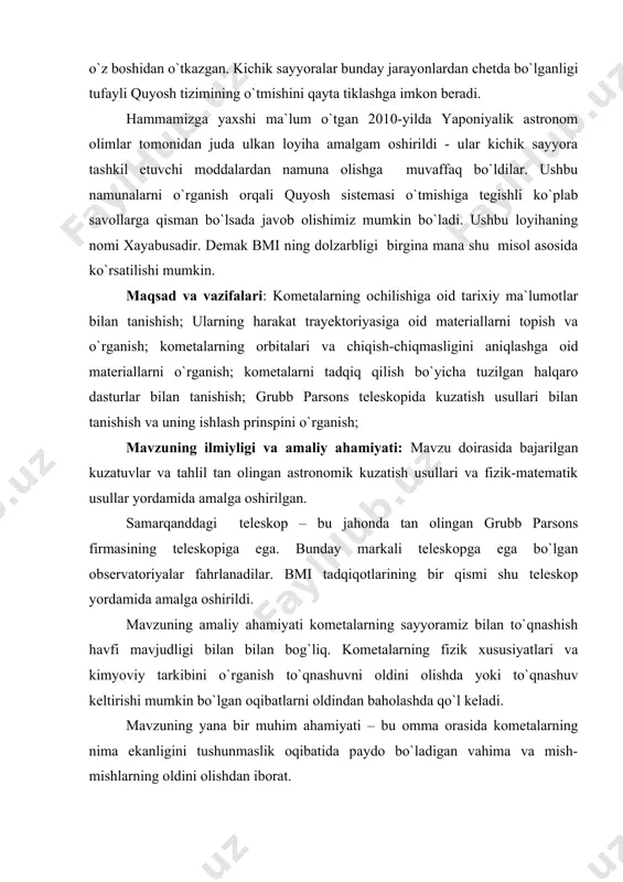 ekzuntrek orbitaga ekliptikaga turli burchak qiyaligida xarakterlanadilar. aynan harakatlanish xarakteri kometani tez bilish imkonini beradi. uzoq davriylikka ega kometalar (orbita davri 200 yildan ortiq) quyosh sistemasidagi eng uzoq planetadan ming marta uzoq soxadan uchib keladi. ularning orbitasi imkon darajasigacha qiyalikda bo`ladi. qisqa davriylikka ega kometalar (orbita davri 200 yildan kichik) quyosh sistemasidagi tashqi planeta soxasidan uchib keladi. ular planetalar yo`nalishida ekliptikadan uncha uzoq bo`lmagan orbitada xarakterlanadi. kometalar quyoshdan uzoqda paytda asosan dum hosil qilmaydi, ammo uning atrofida zo`rg`a seziladigan qobiq mavud bo`ladi. quyoshga yaqinlashishi bilan bosh qismi kattalashib dum paydo bo`ladi. kometa markazida diametri bir nech kilometr bo`lgan qattiq jism yoki konglomerat jismdan iborat bo`ladi. bu massa yer massasidan milliard marta kichidir. f. uipl modeliga ko`ra, kometa yadrosi har xil muzlar aralashmasi, asosan uglekislota, ammiak va chang zarralari aralashmasi bilan muzlagan suvdan tashkil topgan. bu model to`g`ri ekanligini galley va djakobin-tsinner kometalar yadro yaqinida 1985-1986-yillarda to`g`ridan-to`g`ri kosmik apparatlar bilan o`lchashlar …