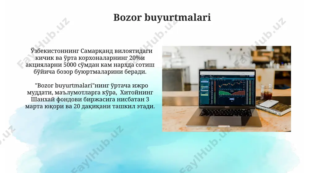 ompaniyaning aksiyalari bilan savdo qilish imkoniyati mavjud, biroq chet el valyutasini ayirboshlash xarajatlarini hisobga olish kerak. dividendlardan foyda olish ba'zi kompaniyalar yiliga 4 marta, har chorakda dividend to'laydi, masalan, “coca-cola” kompaniyasi o'z aksiyadorlariga har yili to'rtta to'lovni amalga oshiradi, bu esa investorlarga muntazam daromad olish imkonini beradi. 2023-yilning birinchi choragida toshkent fond birjasida ro'yxatdan o'tgan 10 ta kompaniya o'z aksiyadorlariga 15% dan 25% gacha dividend to'lashni rejalashtirgan. bu esa investorlar uchun yaxshi daromad manbai hisoblanadi. e'tiboringiz uchun rahmat @taqdimot_robot image2.jpg image3.jpg image4.jpg image5.jpg image6.jpg image7.jpg image8.jpg image9.jpg image10.jpg image11.jpg image12.jpg image13.jpg image14.jpg image15.jpg image16.jpg image1.png