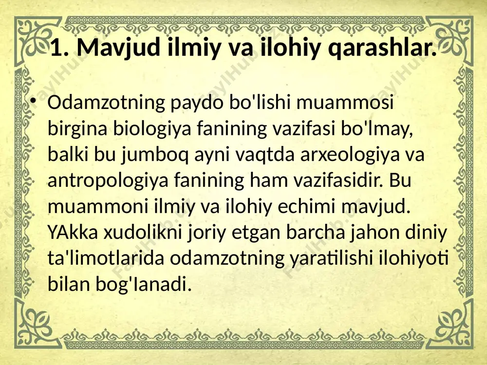 driopitekidan farqi bo`lib, ularning ayrimlari olimlar xulosasiga ko'ra shimpanze, gibbon, orangutang, gorilla kabi hozirgi zamon maymunlarini ajdodlari edi. avstriya topilmasi ch.darvin tomonidan o'rganildi va uning tishlarida odamzod tishlariga xos belgilar borligi isbotlandi. ch.darvin bu odansimon "maymun" driopitekda odamzodning ajdodini ko'ra bildi. u yaratgan ta'limotga ko'ra boshqa driopiteklardan odamzod ajdodining tarqalishi mumkin emas. darvin driopiteki allaqachon o'lib ketgan. undan qolgan iz so'ngi avlod edi. boshqa driopiteklardan odamzodning ilk ajdodlari paydo bo'lganidek, hozirgi zamon maymunlaridan ham hech qanday odam tarqalmagan. odamning paydo bo'lishi haqidagi evolyutsion nazariyada avstriya driopiteki bilan neandertal odami o'rtasida albatta ibtidoiy ajdodlarimizning oraliq vakillar bo'lishi muqarrarligi ta'kidlangan. 1926 yili gibraltar qoyasi rayonidagi g'ordan yana ibtidoiy odam suyaklari va tosh qurollari bilan ikkita neandertal odami skeleti 1924 yili qrimdagi kiyikkabo g'orida topildi. 1938 yilda shunga o'xshash topilma o'zbekistonning teshiktosh g'oridan qazib oldilar. hozirgi kunda bunday topilmalar dunyoning 50 dan ortiq nuqtalarida uchratilgan. neandertal tipidagi bu ajdodlarimiz bosh suyagining hajmi 1300-1400 …
