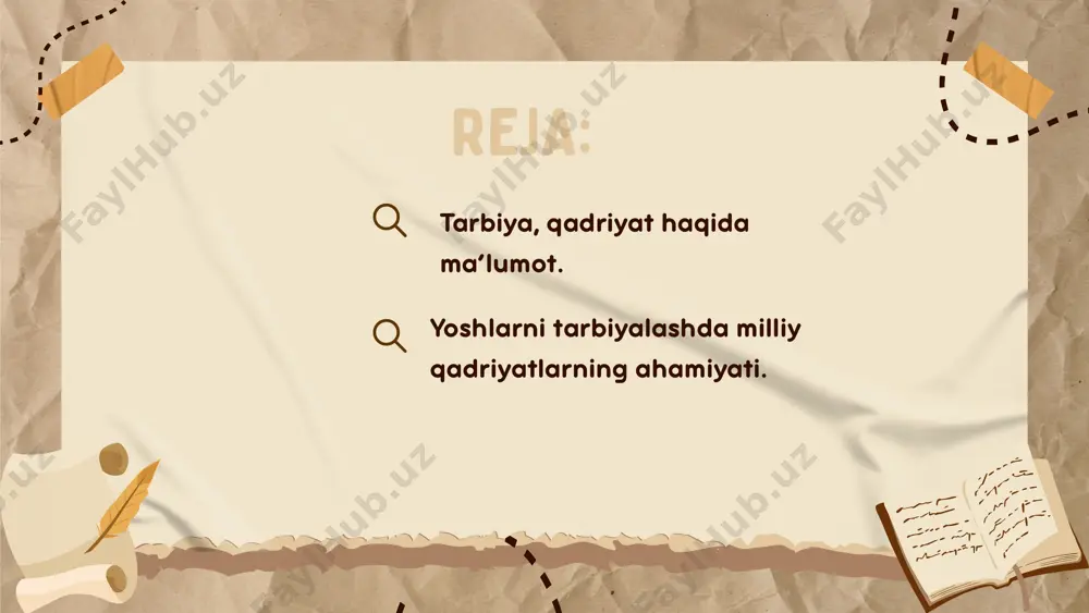 cha yoki nuqtai nazarlarda aks etuvchi ob'eklardir, deb belgilangan. fikrimizcha, qadriyat-bu tarixiy taraqqiyot jarayonida kishilar tomonidan yaratilgan, moddiy va ma'naviy boyliklar bo'lib, u inson va insoniyat uchun ahamiyat kashf etib, ular manfaati va ehtiyojini qondirish: takomillashuvi, kelajak avlodning ijodiy o'sishini rag'batlantirish omilidir. millat uchun muhim ahamiyatga ega bo'lgan etnik jihat va xususiyatlar bilan bog'liq qadriyatlar milliy qadriyatlardir. dunyoda o'ziga xos qadriyatlari bo'lmagan millat yo'q. milliy qadriyat millatning tarixi, yashash tarzi, ma'naviyati hamda madaniyati bilan bilan uzviy bog'liq holda namoyon bo'ladi. milliy qadriyatlar-millat uchun muhim va jiddiy ahamiyatga ega jihatlar, xususiyatlar, moddiy va ma'naviy boyliklardir. xalqimiz ma'naviyatini yuksaltirishda milliy urf-odatlarimiz va ularning zamirida mujassam bo'lgan mehr-oqibat, insonni ulug'lash, tinch va osoyishta hayot, do'stlik va totuvlikni qadrlash, turli muammolarni birlashib hal qilish kabi ibratli qadriyatlar tobora muhim ahamiyat kasb etmoqda. milliy qadriyatlar turmush tarzimiz, ma'naviy qiyofamiz, an'analarimiz va o'zligimizni anglashga yordam beradi va bu borada xalqni-xalq, millatni -millat sifatida birlashtiradi. zero, o'z …