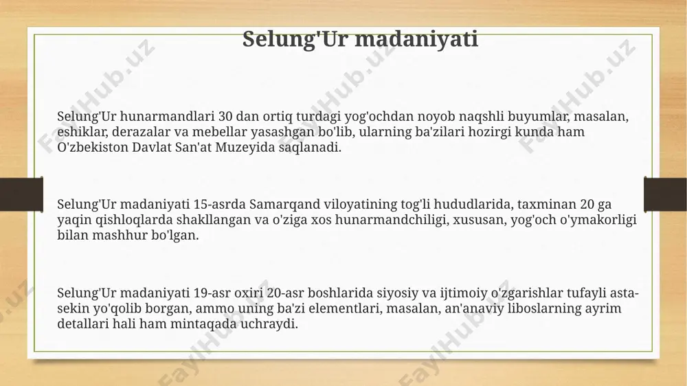 chiligi qo'qon viloyatida joylashgan. selung'ur me'morchiligi, ayniqsa, minoralar va gumbazlarning murakkab geometrik naqshlari bilan ajralib turadi, buning misoli sifatida 20 metr balandlikdagi minoralarni keltirish mumkin. selung'ur shahri devorlari 5 metr balandlikda qurilgan va ularning atrofida 4 ta darvoza joylashgan bo'lib, bu shaharning himoya tizimining kuchli ekanligini ko'rsatadi. selung'ur bayramlari selung'ur bayramlarida, 20 dan ortiq turli xil milliy taomlar, jumladan, shashlik, palov va manti taqdim etiladi, bu qoraqalpog'istonning o'ziga xos gastronomik an'analarini namoyish etadi. selung'ur bayramlarida, 300 dan ortiq odam ishtirok etadigan an'anaviy ot poygalari 5-7 kilometr masofaga cho'zilgan, qoraqalpog'istonning amudaryo vodiysi yaqinidagi qishloqlardan qatnashchilarni jalb qiladi. selung'urda har yili 2 ta asosiy bayram nishonlanadi, biri bahorda, 15 kun davom etadi va mahalliy hunarmandchilik buyumlarining ko'rgazmasi bilan birga bo'ladi, ikkinchisi esa kuzda, 10 kun davom etadi. selung'ur rivoyatlari селунгур ривоятларидаги "қора тош" каби рамзий объектлар 5 дан ортиқ ривоятда учраб, бу объектлар орқали ахлоқий ва ижтимоий масалалар, яъни яхшилик ва ёмонлик …