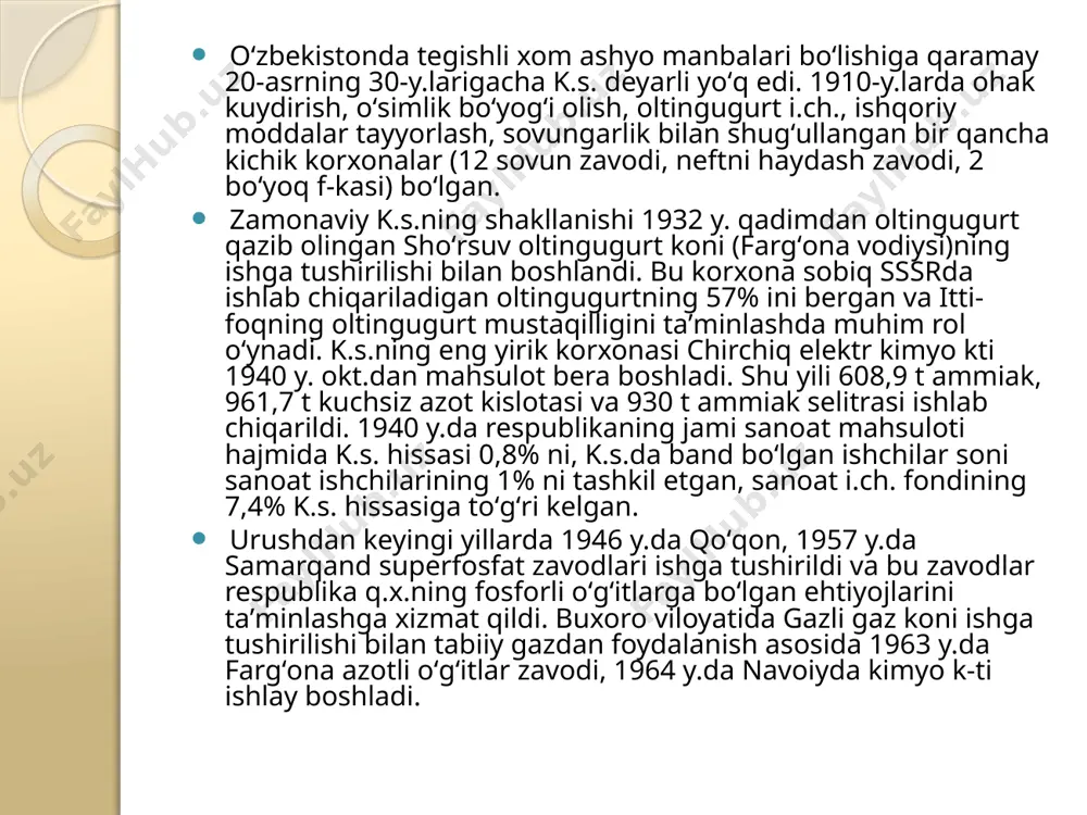 a va iplar, 985 ming t sintetik ammiak, 823,4 ming t sulfat kislota, 287 ming t oltingugurt va b. mahsulotlar ishlab chiqarildi. chet mamlakatlardan aqsh, yaponiya, gfr, fransiya, buyuk britaniya va italiya, rossiya kimyoviy mahsulotlar i.ch. boʻyicha yetakchi oʻrinlarda turadi. ma’lumotlarga ko‘ra, kimyo sanoatini rivojlantirishning 2019-2030 yillarga mo‘ljallangan dasturi doirasida qiymati 12,1 mlrd dollarga teng, shu jumladan 1,7 mlrd dollar miqdorida to‘g‘ridan-to‘g‘ri xorijiy investitsiyalar va kreditlar hisobiga amalga oshirilishi rejalashtirilgan 31 ta investitsiya loyihalari mavjud. yaqinda «navoiyazot» aksiyadorlik jamiyatida polivinilxlorid, kaustik soda va metanol ishlab chiqarish majmuasi ishga tushirildi. yangi korxonada yiliga 100 ming tonna polivinilxlorid, 75 ming tonna kaustik soda, 300 ming tonna metanol ishlab chiqariladi. bu mahsulotlarga avtomobilsozlik, to‘qimachilik, metallurgiya, kimyo, neft-gaz tarmoqlari, elektr texnikasi va qurilish materiallari ishlab chiqarishda talab yuqori. har yili 40 mln dollarlik mahsulot eksport qilish rejalashtirilgan. yangi majmuada 900dan ziyod ish o‘rni yaratildi. 2019 yil yakuni bilan «o‘zkimyosanoat» tizimida 6,3 trln so‘mlik mahsulotlar …