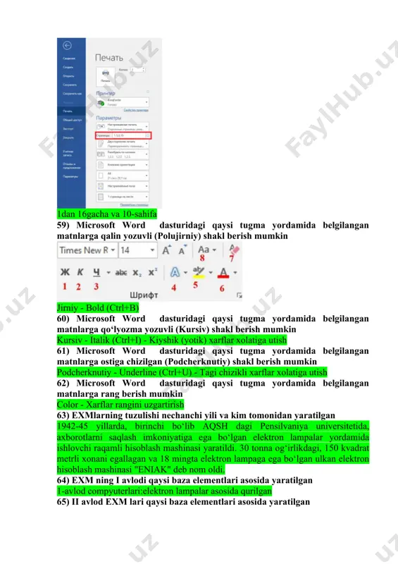 18 mingta elektron lampaga ega bo‘lgan ulkan elektron hisoblash mashinasi "eniak" deb nom oldi. 64) exm ning i avlodi qaysi baza elementlari asosida yaratilgan 1-avlod compyuterlari:elektron lampalar asosida qurilgan 65) ii avlod exm lari qaysi baza elementlari asosida yaratilgan 2-avlod compyuterlari: tranzistorar,(yarim otkazgich va magnitli elimentlar) asosida qurilgan 66) iii avlod exm lari qaysi baza elementlari asosida yaratilgan 3-avlod compyuterlari: transistorlar va turli xil ehtiyot qismlar o'rniga integral sxemalardan tashkil topgan,yani qurilgan 67) iv avlod exm lari qaysi baza elementlari asosida yaratilgan 4-avlod compyuterlari katta va o'ta katta integral sxemalar asosida qurilgan. 68) kompyuterlarda axborotlar qaysi qismda saqlanadi protsessor foydalanadigan barcha axbarotlar va dasturlarni saqlaydi 69) quyidagilardan qaysi biri ii-avlod hisoblash mashinasi hisoblanadi oldingi avlod ehm ga nisbatan barcha texnik xuxusiyatlar yaxshilangan .dasturlashtirish uchun algoritmik tildan foydalanilgan. 70) fayl kengaytmalari nimani anglatadi ba'zida fayl kengaytmasi yoki fayl nomi kengaytmasi deb ataladigan fayl kengaytmasi burn fayl nomini tashkil etuvchi davrdan keyin …